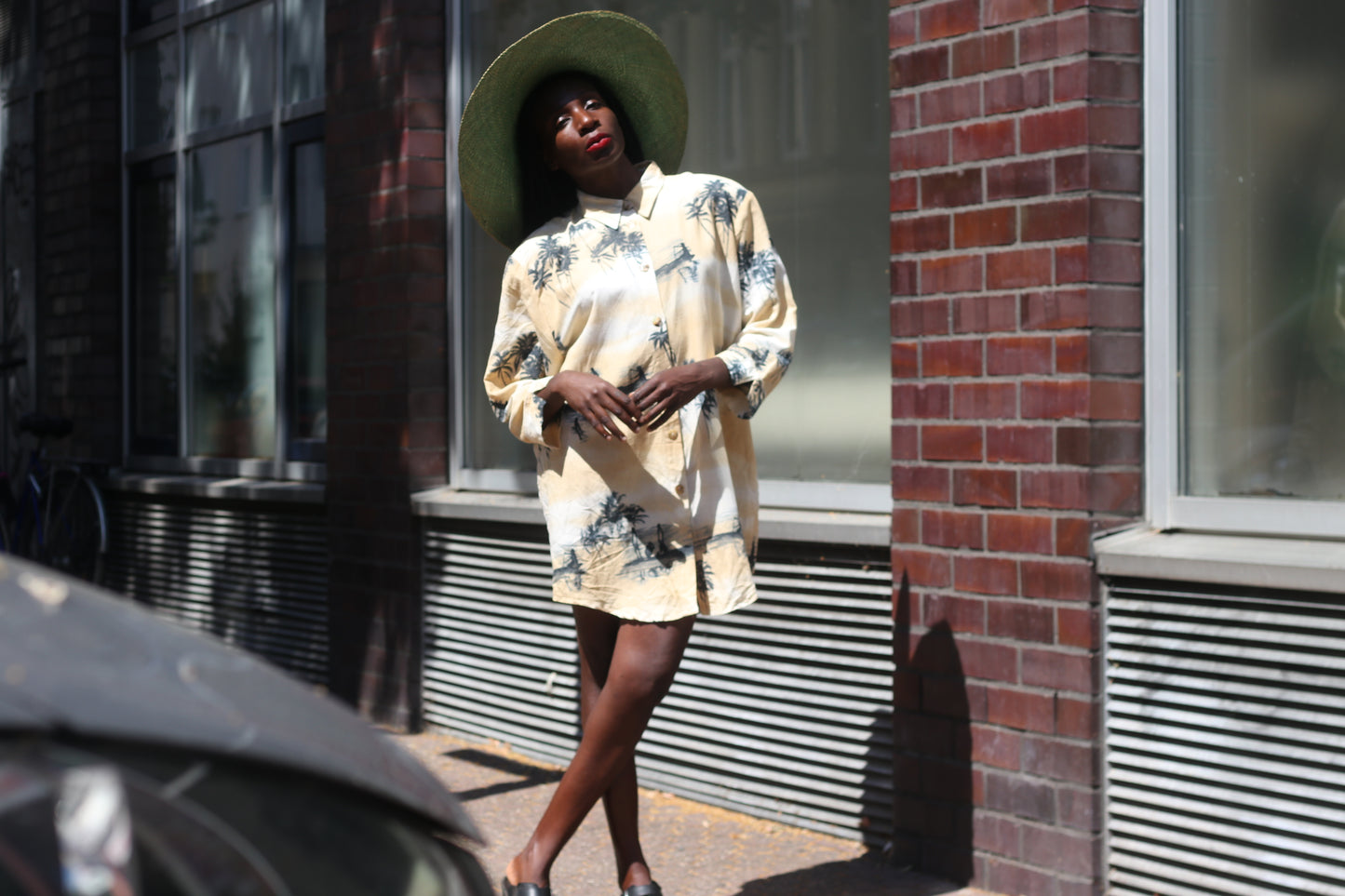 Vintage Palm Tree Shirt Dress 1990s Oversized Tropical Print Beige Long Blouse