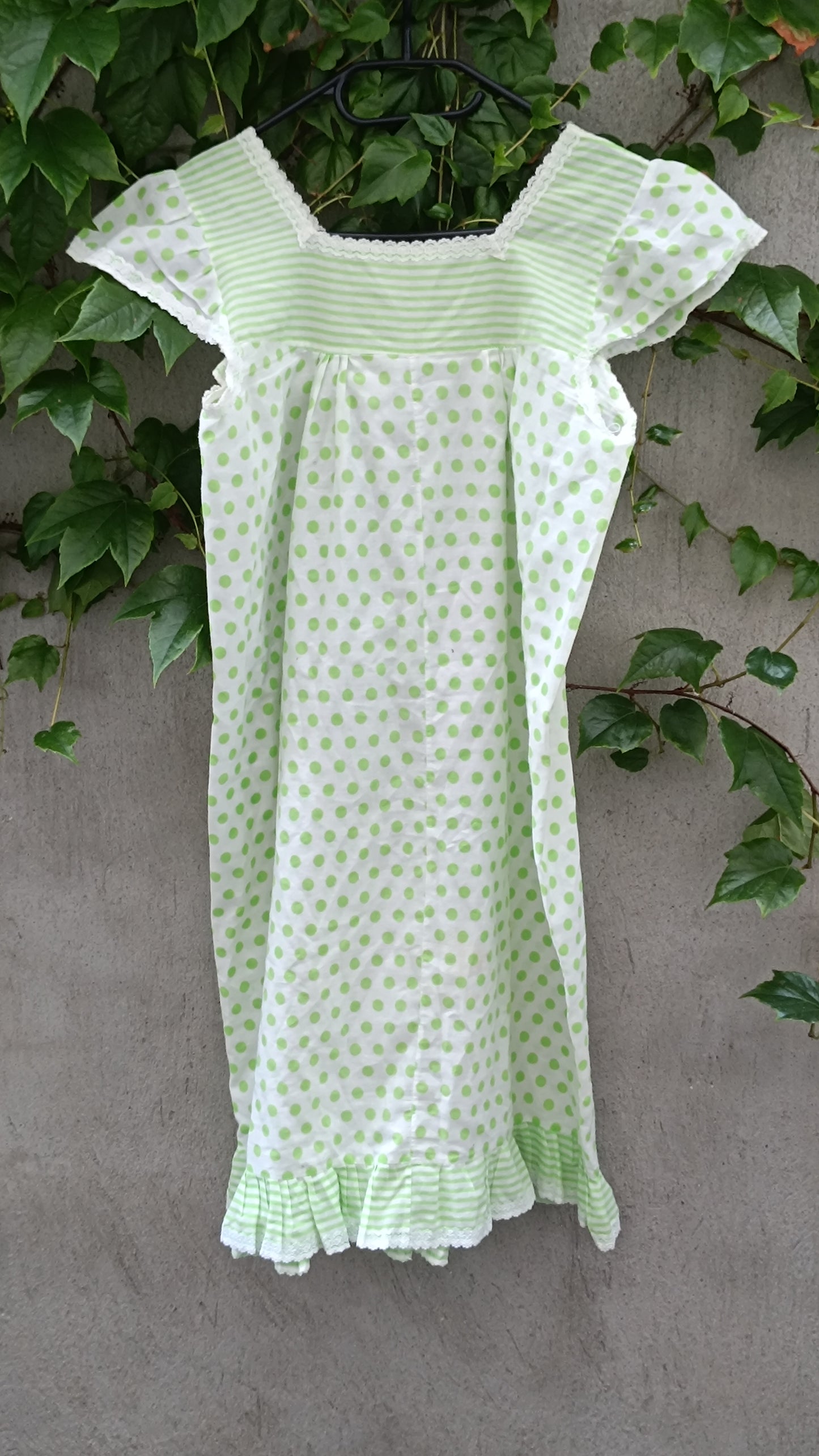 The Clover Polka Dot Mini Dress - Vintage 1970s Green Prairie Dress