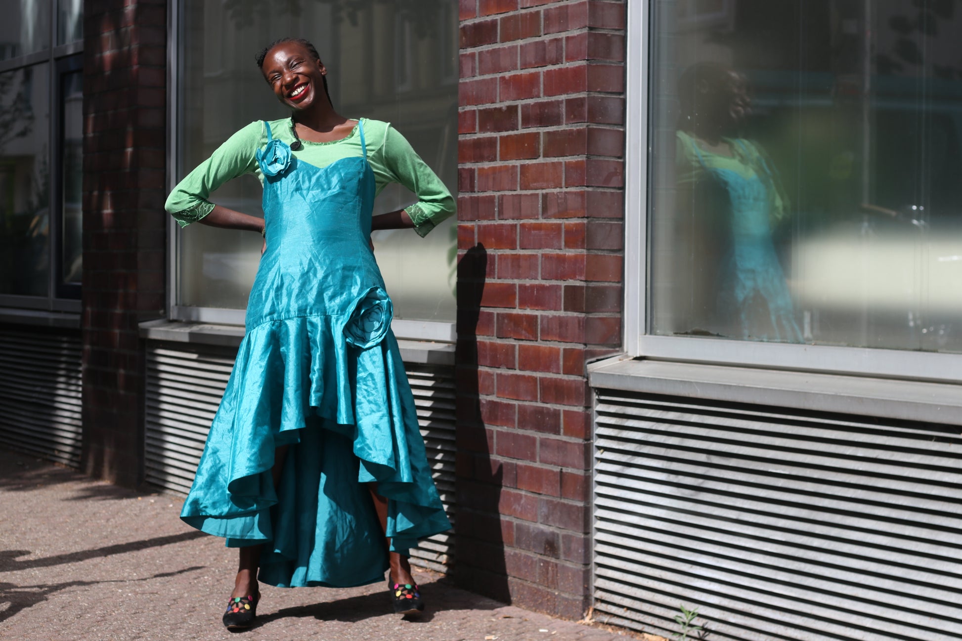 Vintage Y2K Teal Blue Rosette High Low Midi Dress - Party Gown M to L