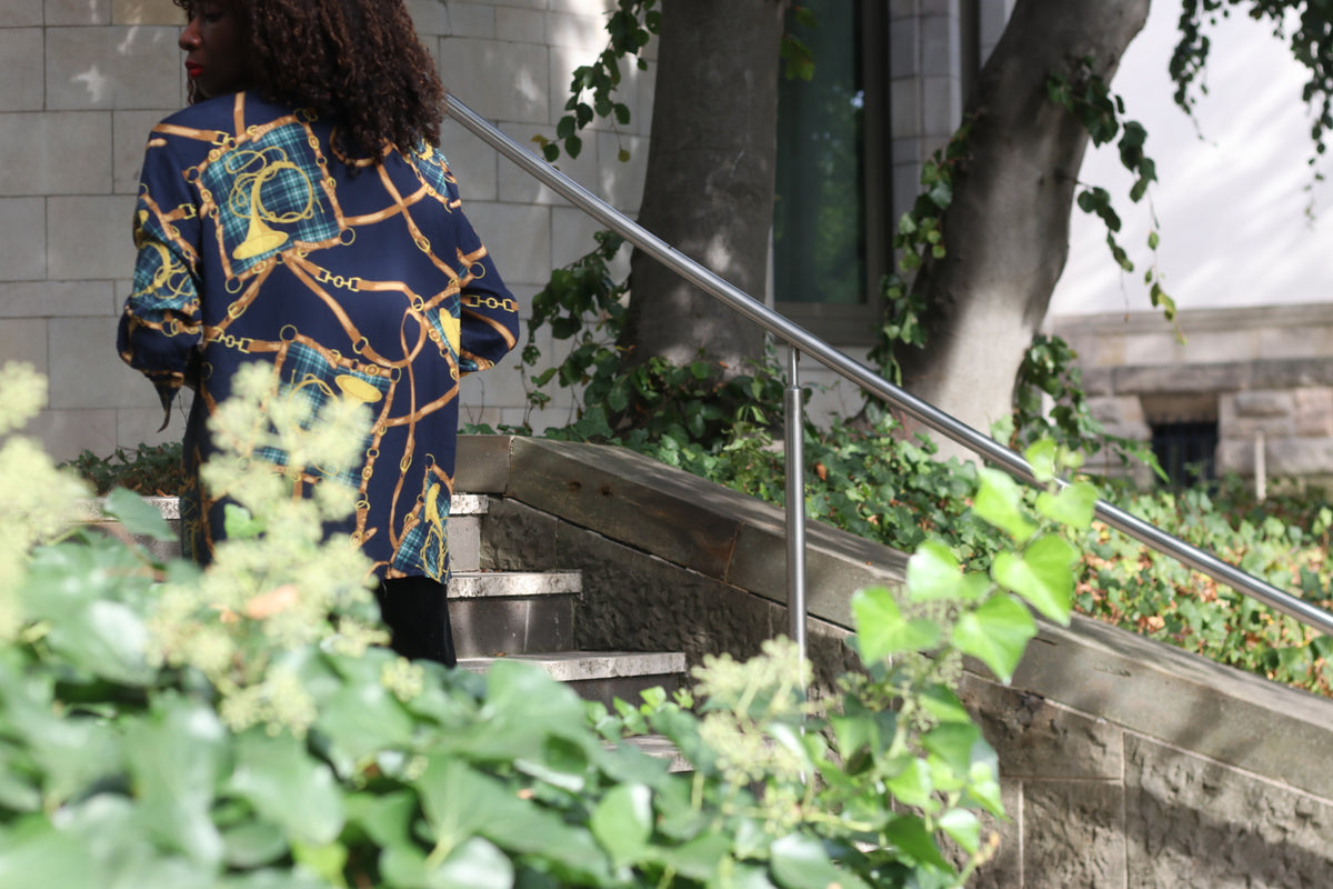 90s equestrian print button down shirt, resort style navy blue blouse, size M