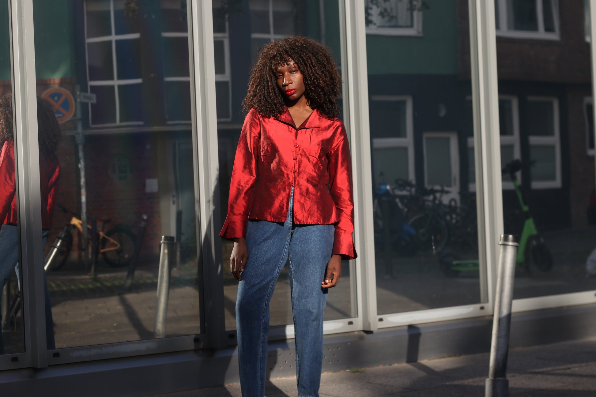 Vintage Metallic Red Silk Blouse | 90s Tailored Long Sleeve Top - XS/S