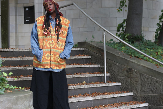 Fleece Vest | Vintage 90s Aztec Southwestern | Cozy Winter Orange Yellow Top  M/L