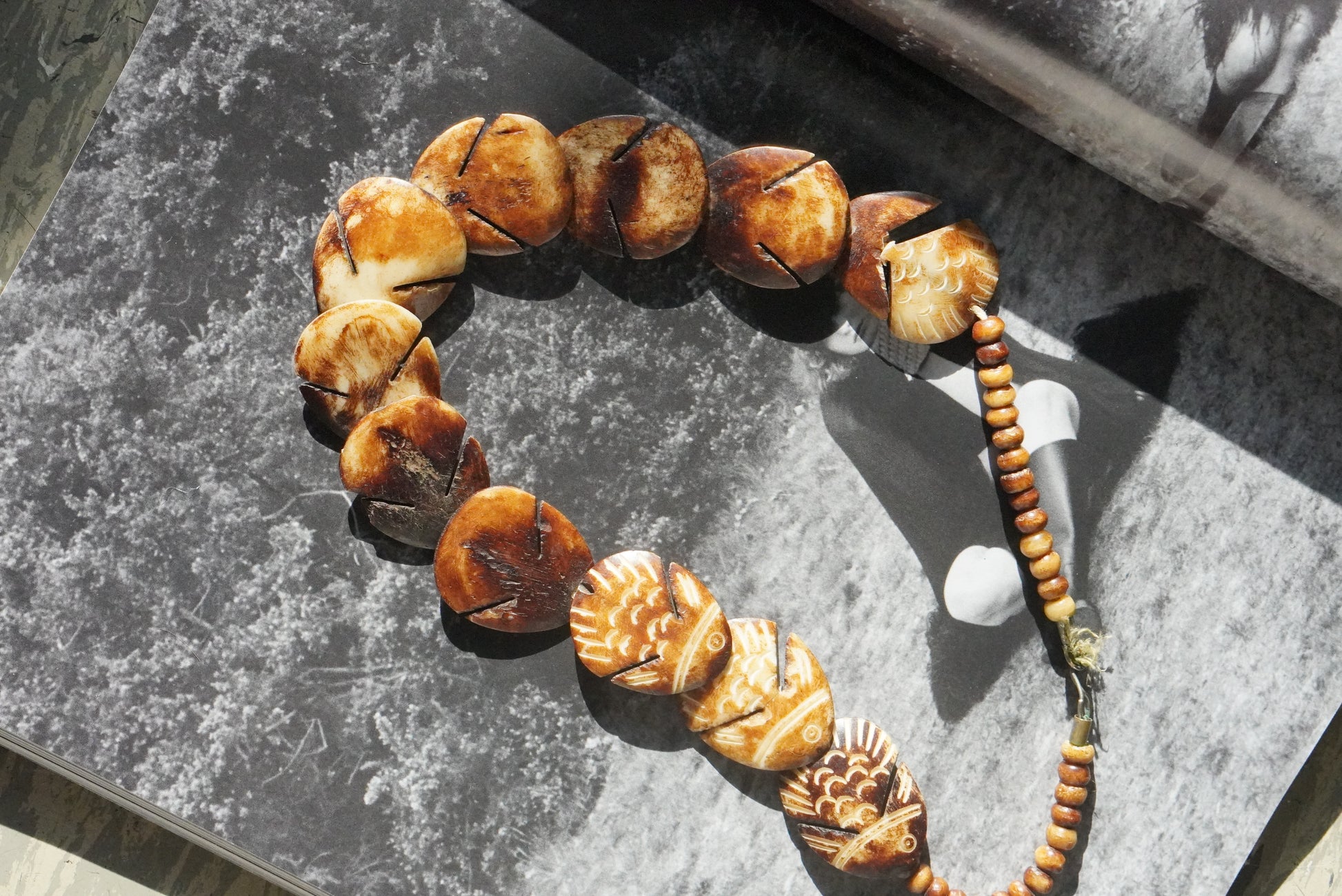 Vintage Carved Fish Necklace | Boho Brown Coconut Shell Tiki Jewelry