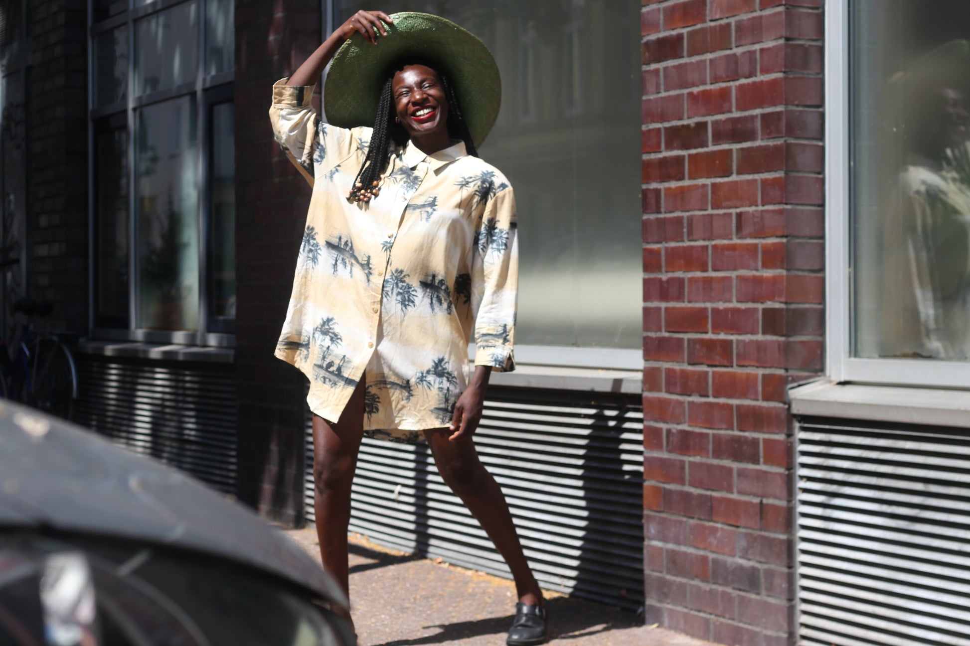 Vintage Palm Tree Shirt Dress 1990s Oversized Tropical Print Beige Long Blouse