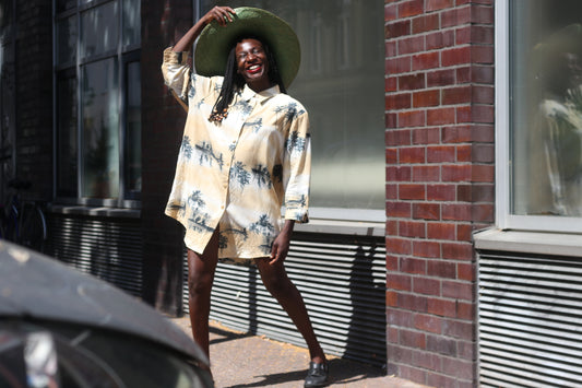 Vintage Palm Tree Shirt Dress 1990s Oversized Tropical Print Beige Long Blouse