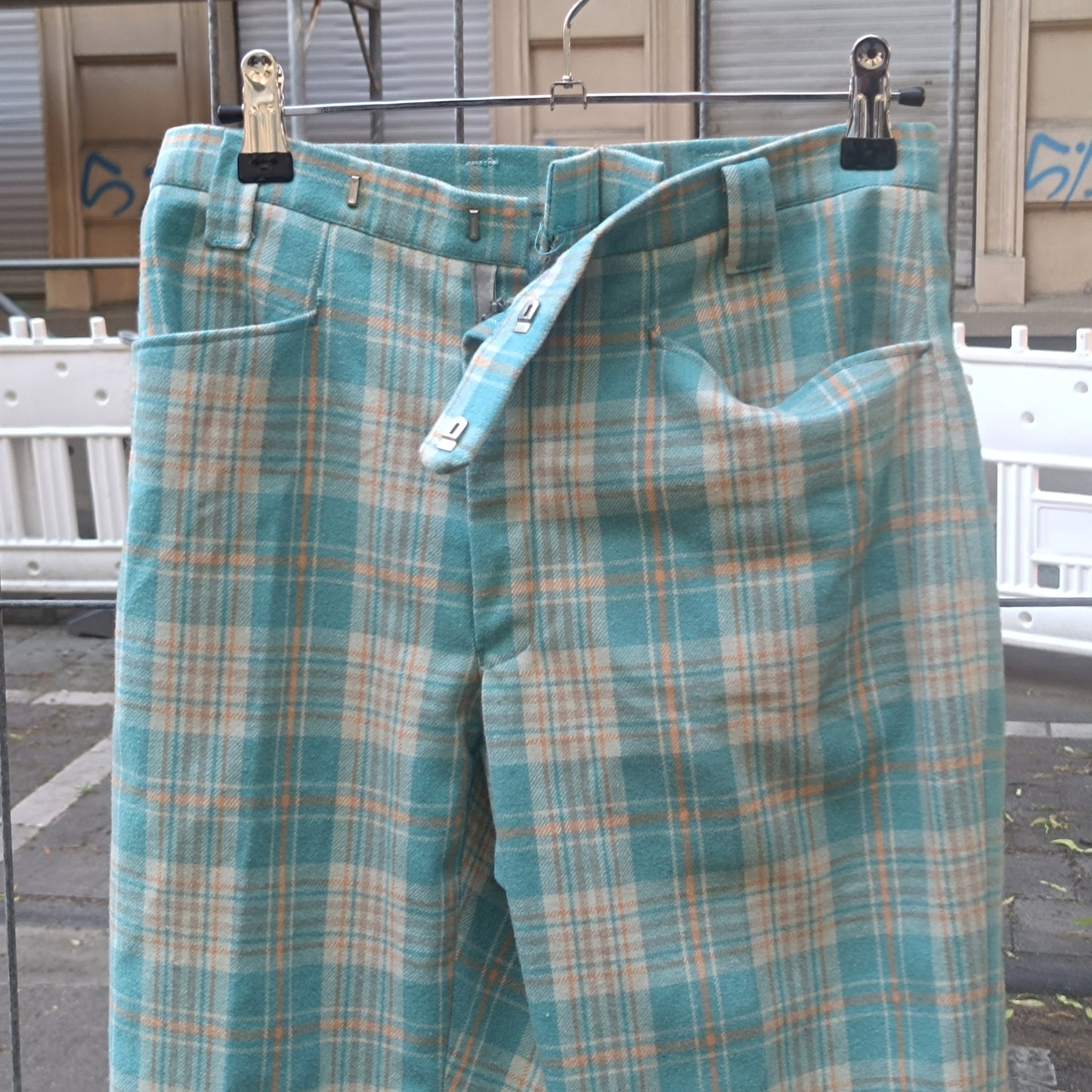 Vintage 70s Plaid Trousers | Turquoise High Waist Check Pants