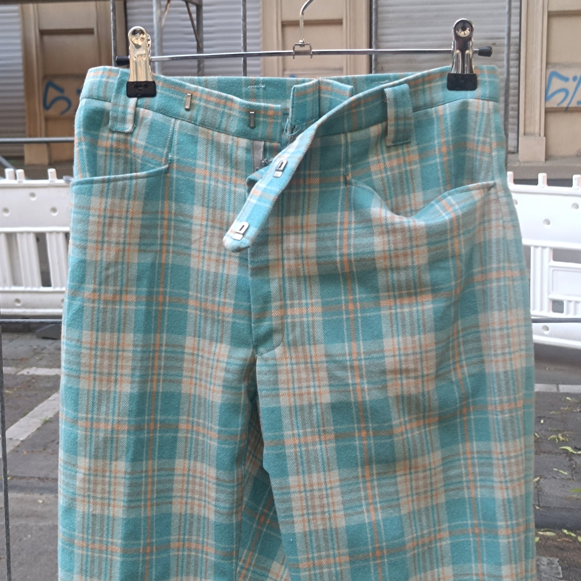 Vintage 70s Plaid Trousers | Turquoise High Waist Check Pants