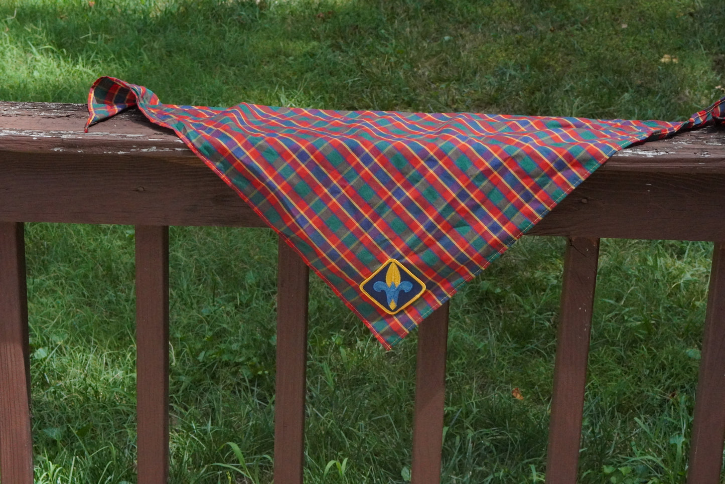 Vintage Plaid Bandana Neck Scarf - Retro Fleur de Lis Scout Bandana