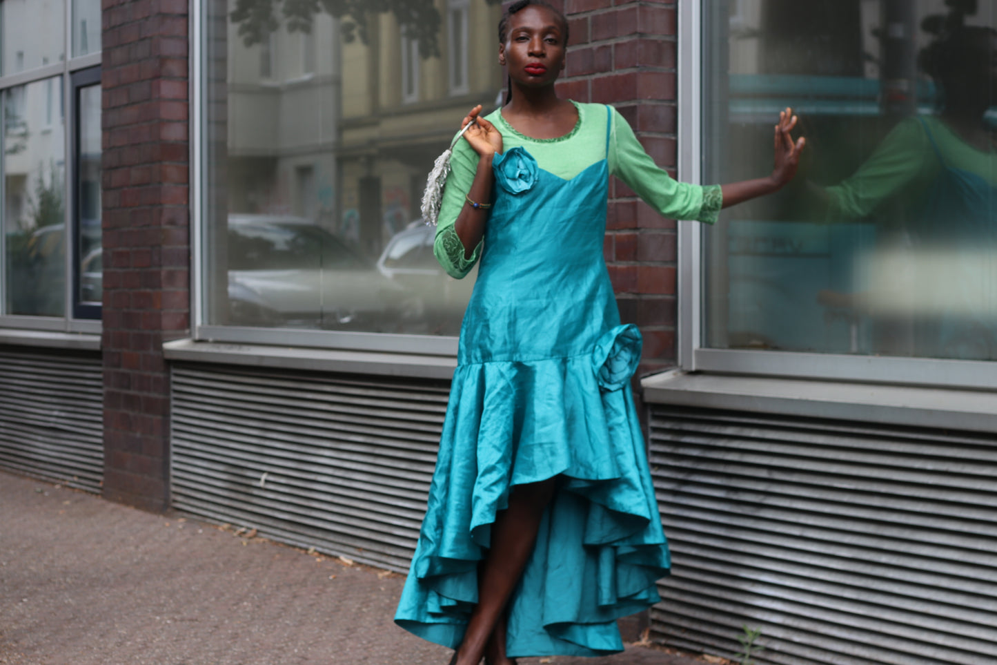Vintage Y2K Teal Blue Rosette High Low Midi Dress - Party Gown M to L