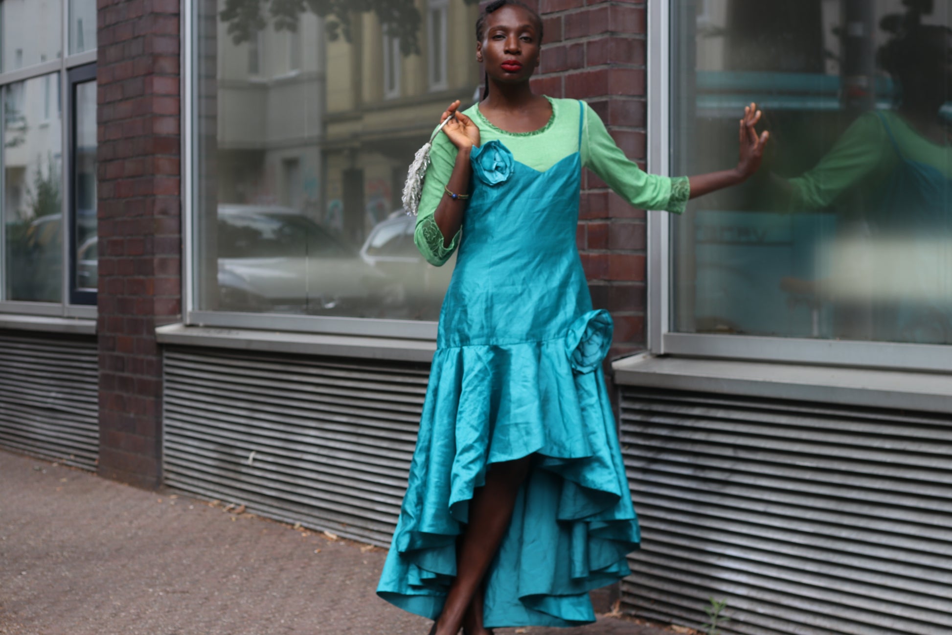 Vintage Y2K Teal Blue Rosette High Low Midi Dress - Party Gown M to L