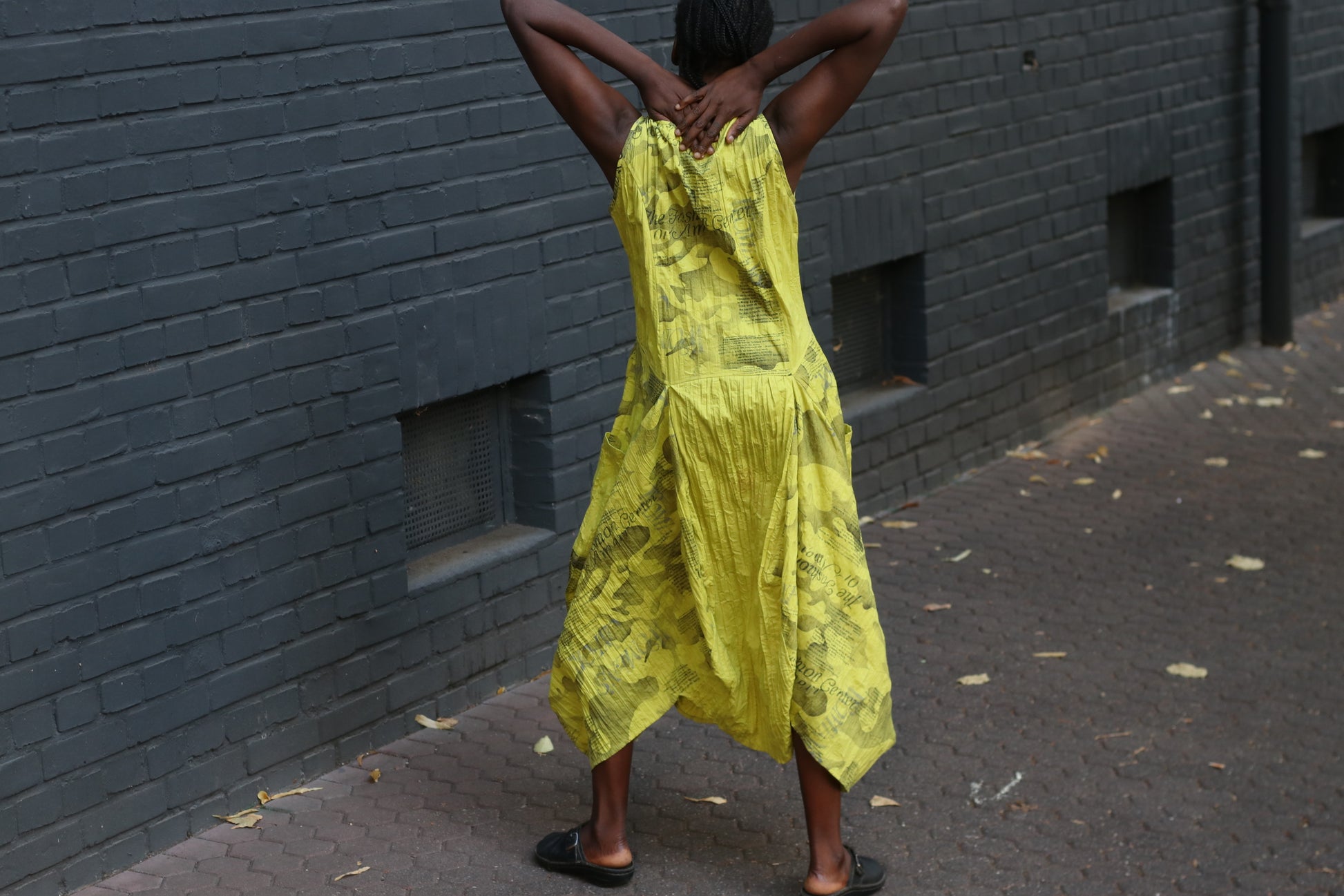 Yellow Avant-Garde Newspaper Dress - 90s Printed Balloon Midi - M/L