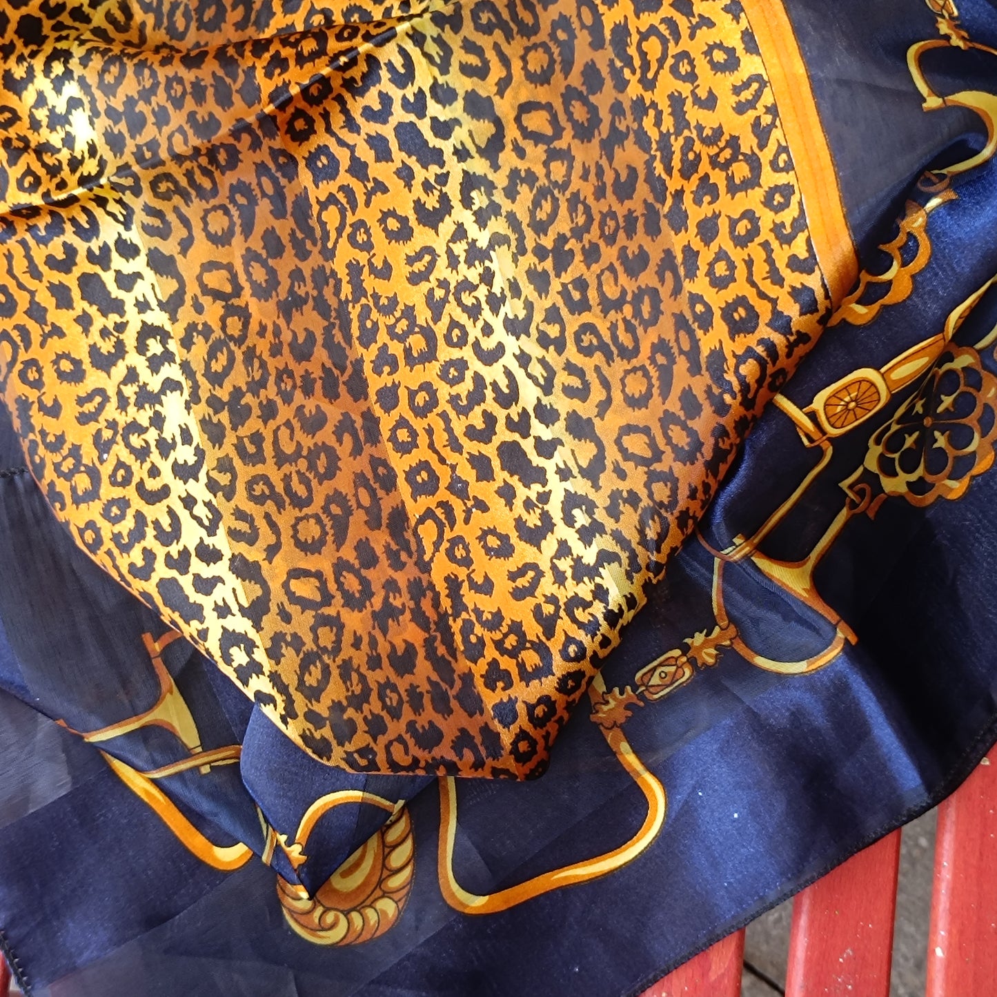Vintage 80s Equestrian Leopard Scarf Navy Gold Chain Horse Bit Satin Foulard
