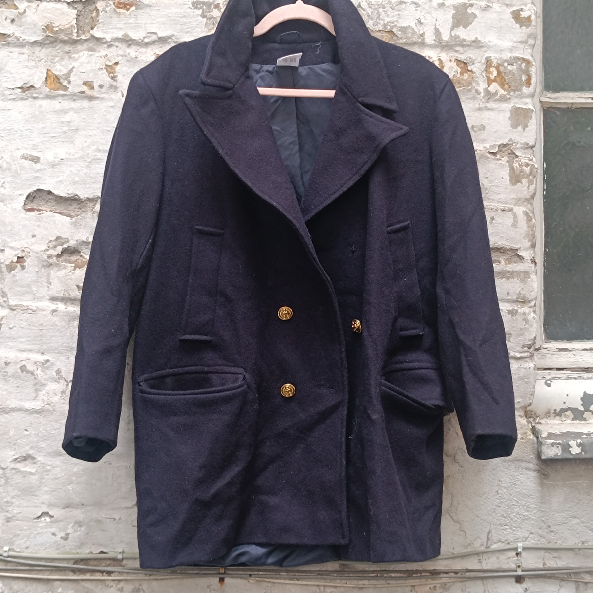 Vintage H&M Pea Coat 90s Navy Wool Blend Double Breasted Anchor Buttons S/M