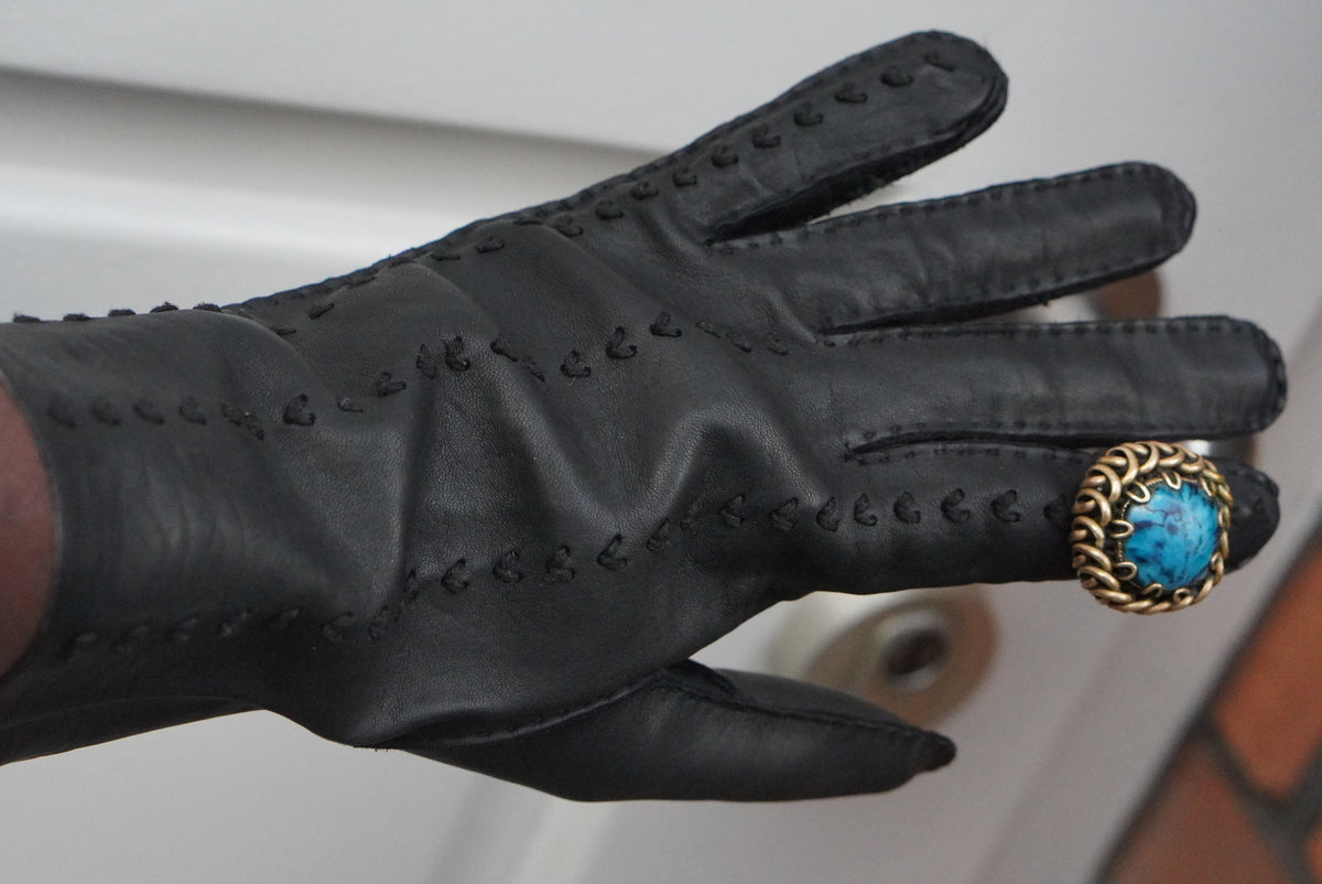 Vintage Leather Gloves | 1970s Mid Calf Opera Gloves | Black Size 7.5