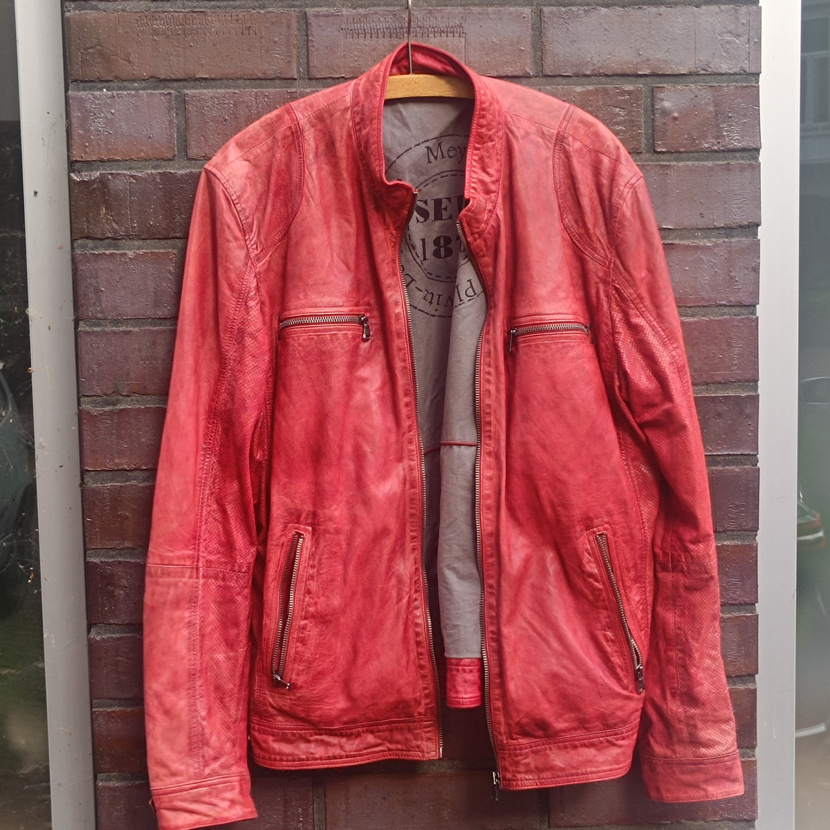Red Leather Biker Jacket - Vintage Mey & Edlich Moto Jacket - Size L