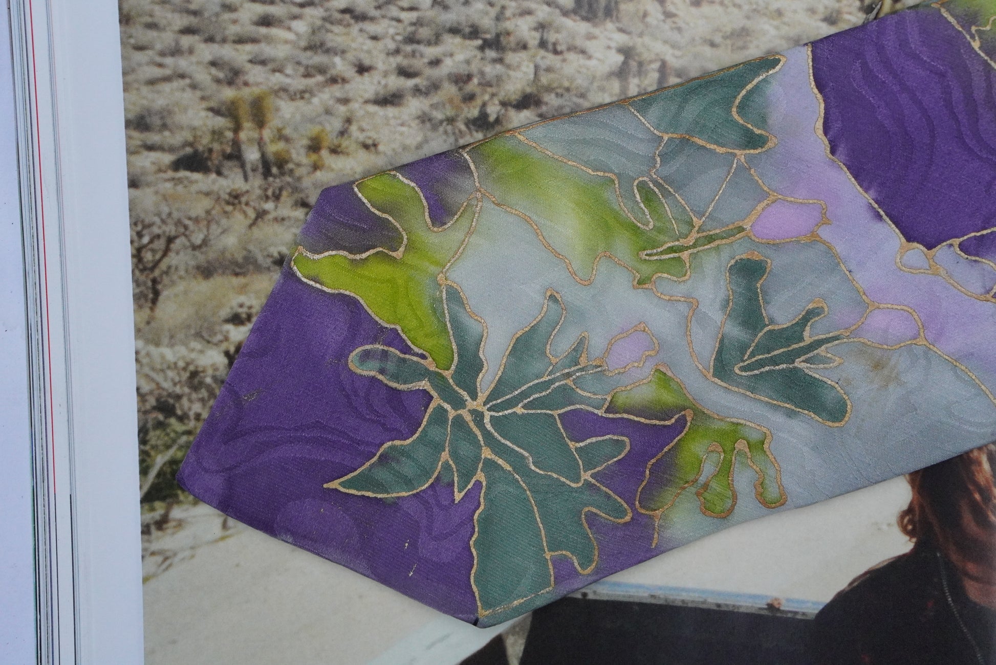 Vintage 100% Silk Tie Hand Painted Abstract Floral Purple Green Gray Art Wear Necktie