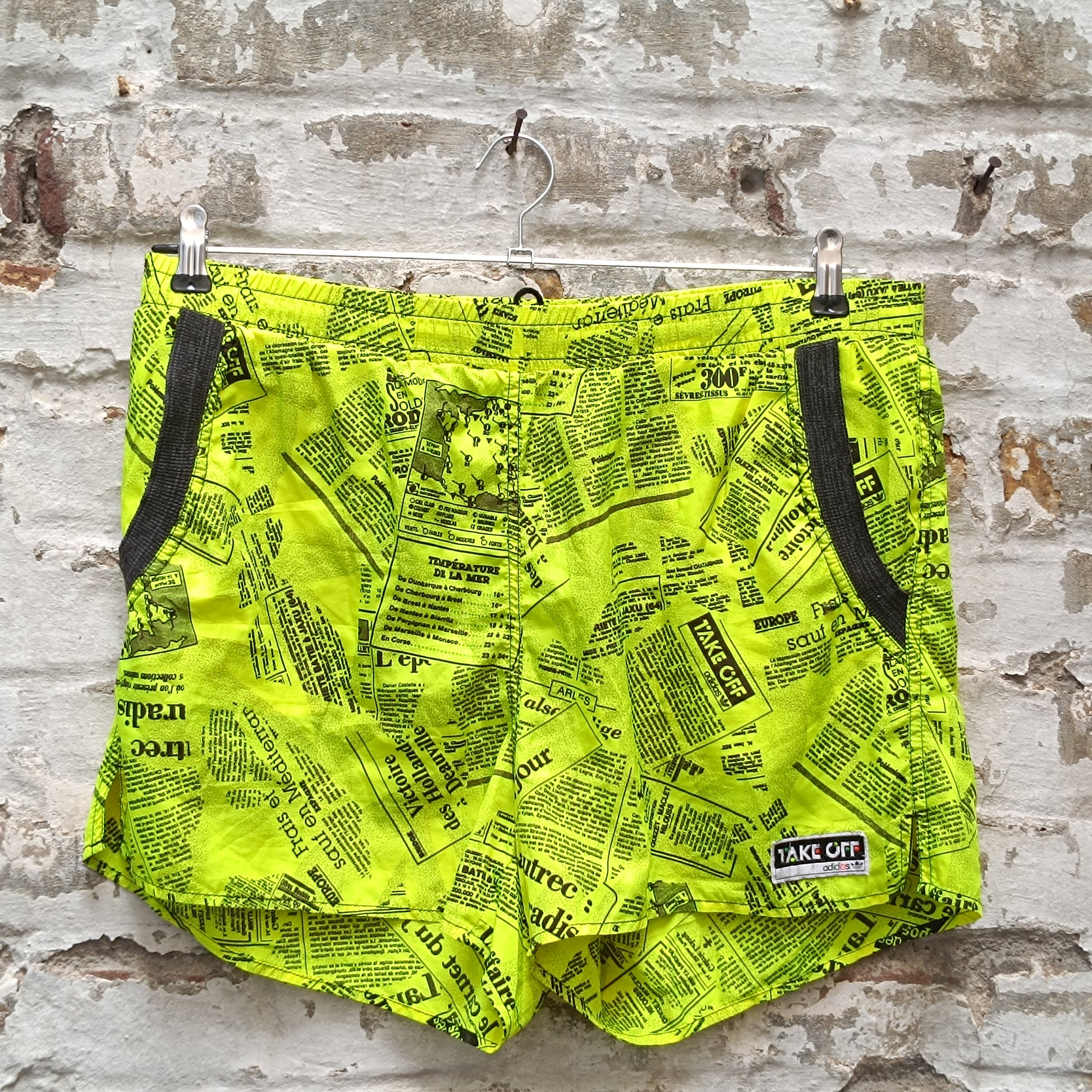 Vintage Adidas Take Off Neon Newspaper Print Shorts - 80s 90s Retro