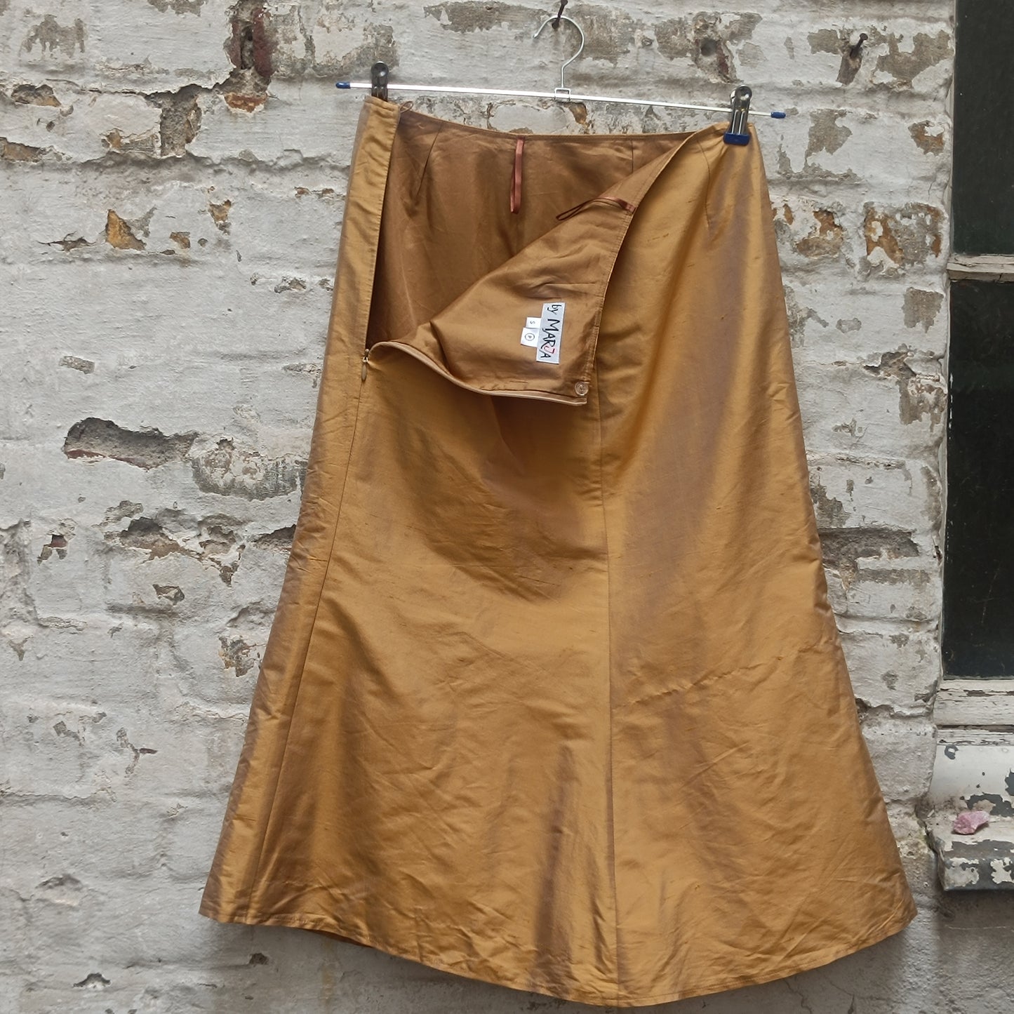 By Marja Vintage 90s Gold Silk Midi Skirt S Minimalist Metallic Shimmer Flare