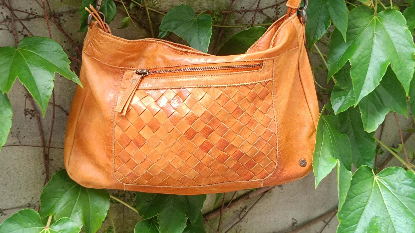 COX Vintage Tan Leather Crossbody Bag Woven Boho Shoulder Purse