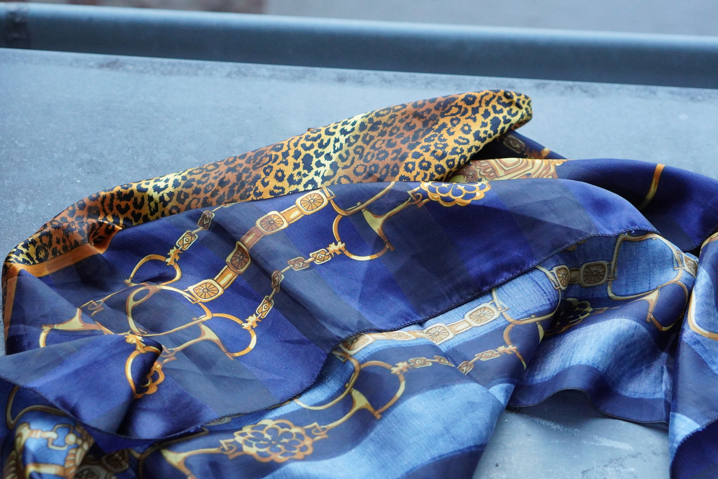 Vintage 80s Equestrian Leopard Scarf Navy Gold Chain Horse Bit Satin Foulard