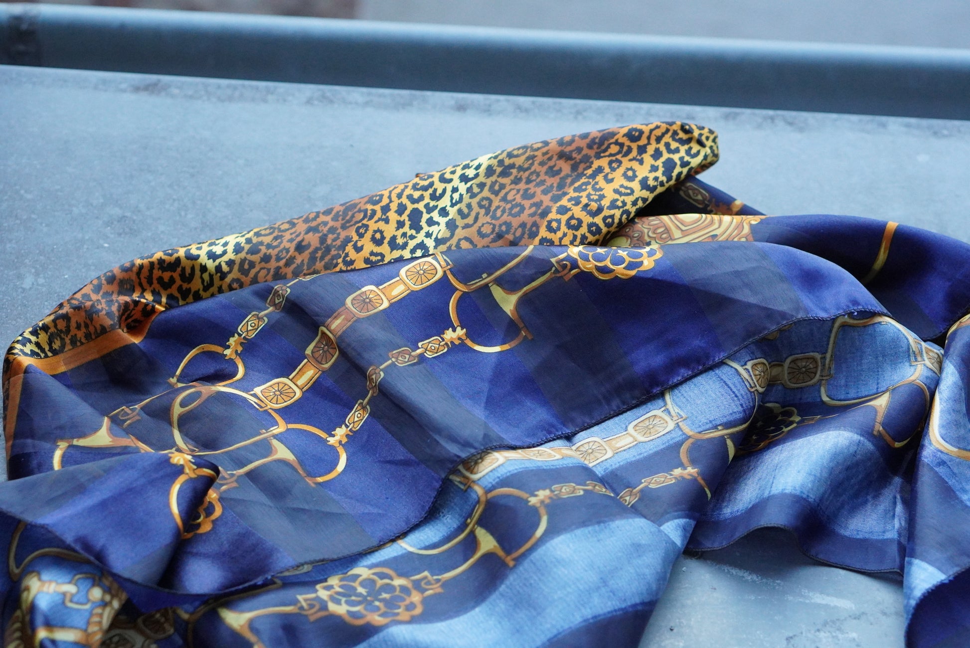 Vintage 80s Equestrian Leopard Scarf Navy Gold Chain Horse Bit Satin Foulard
