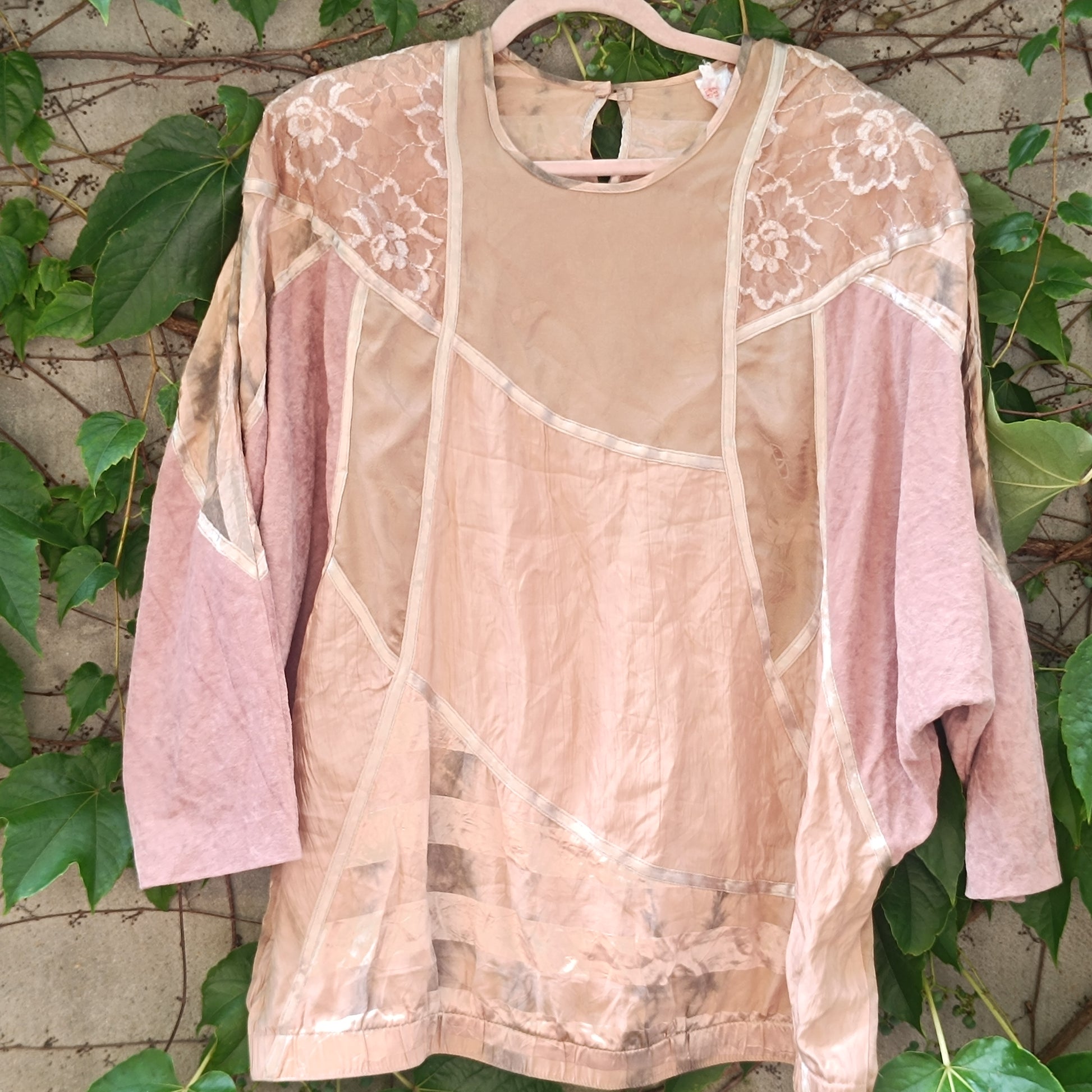 Vintage Patchwork Top 80s Batwing Blouse Beige Pink Fits M/L