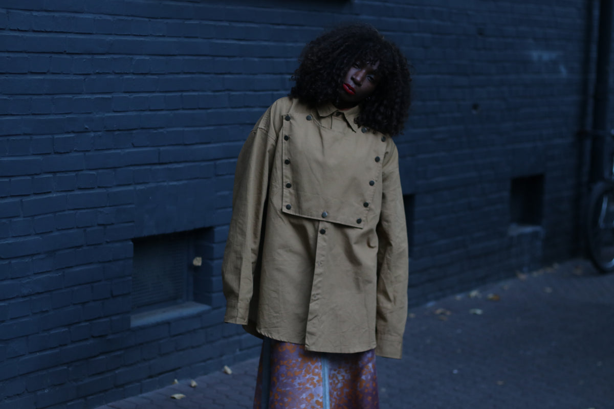 Vintage Military Style Bib Jacket - 90s Khaki Shirt Jacket - M/L