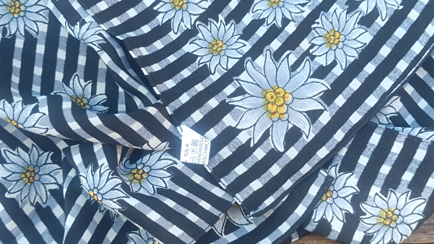 Vintage Silk Edelweiss Scarf - 90s Gingham Alpine Neck Handkerchief