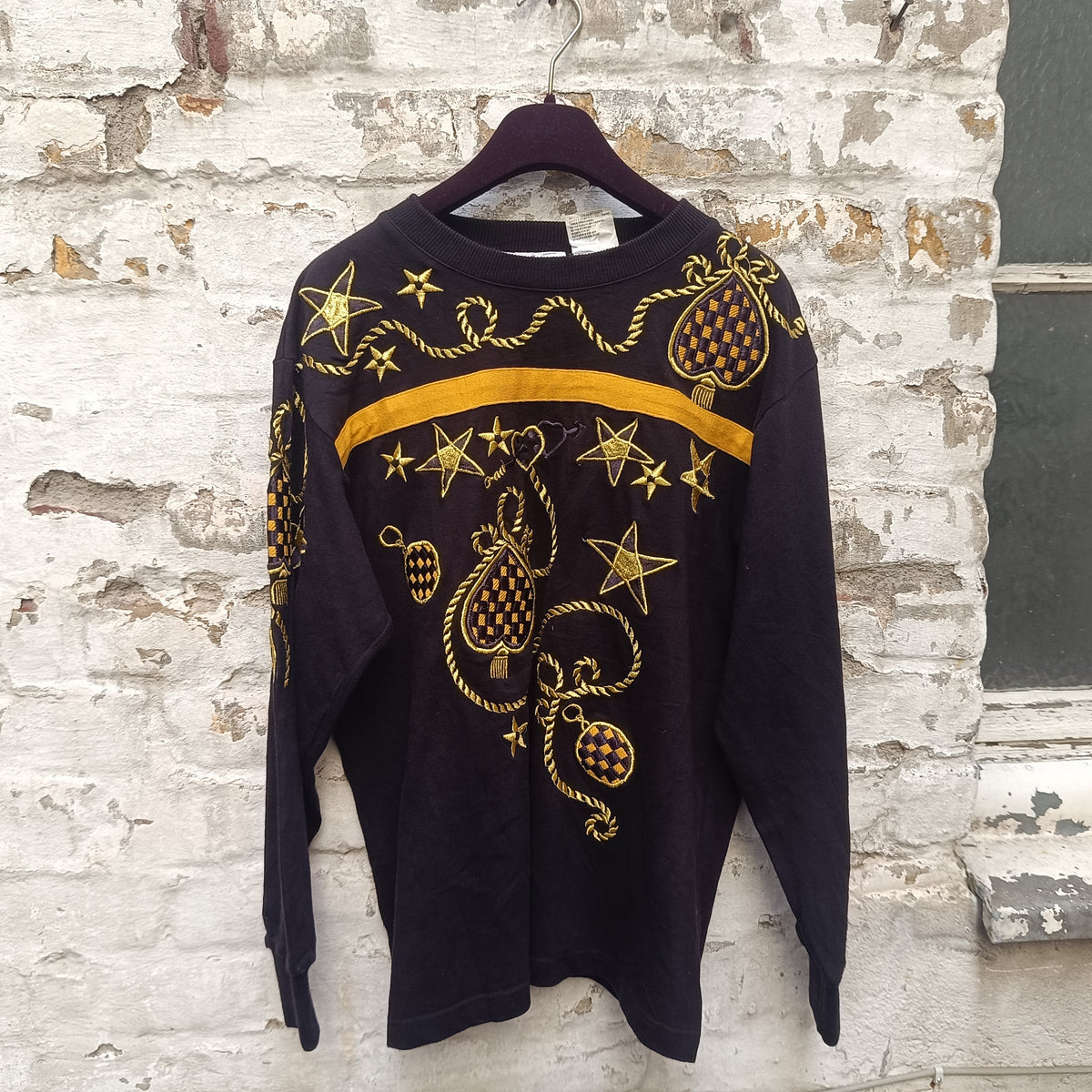 Vintage 80s Black Gold Embroidered Sweatshirt M | Nautical Graphic Jumper
