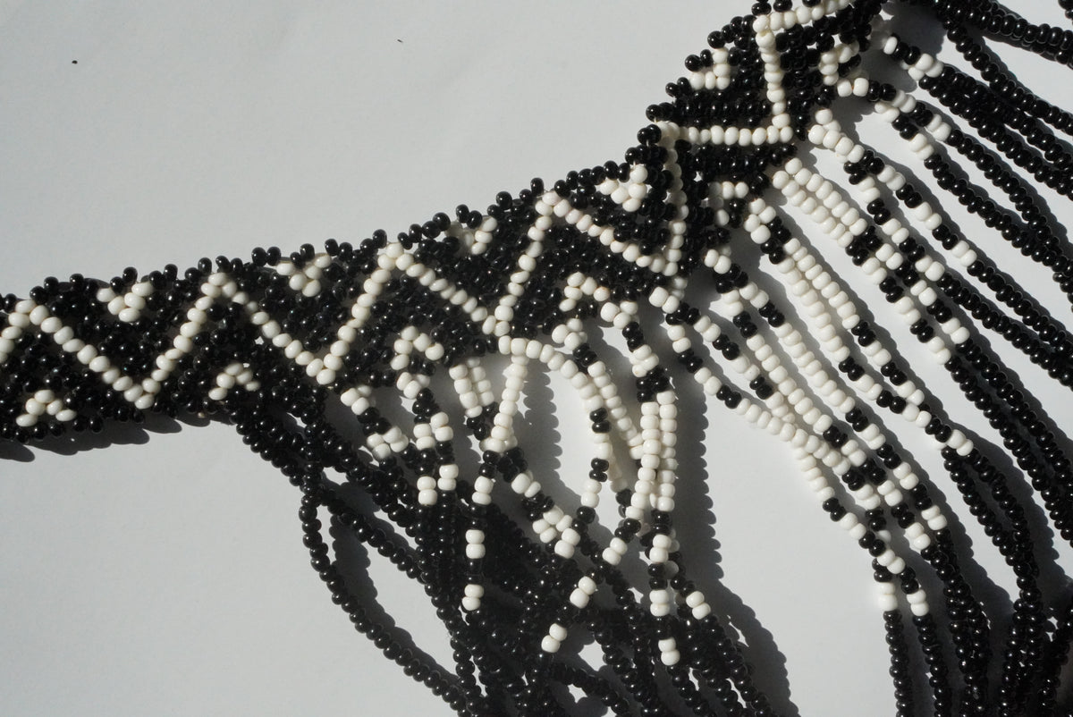Beaded Statement Collar Necklace | Vintage Boho Geometric Fringe | Black White