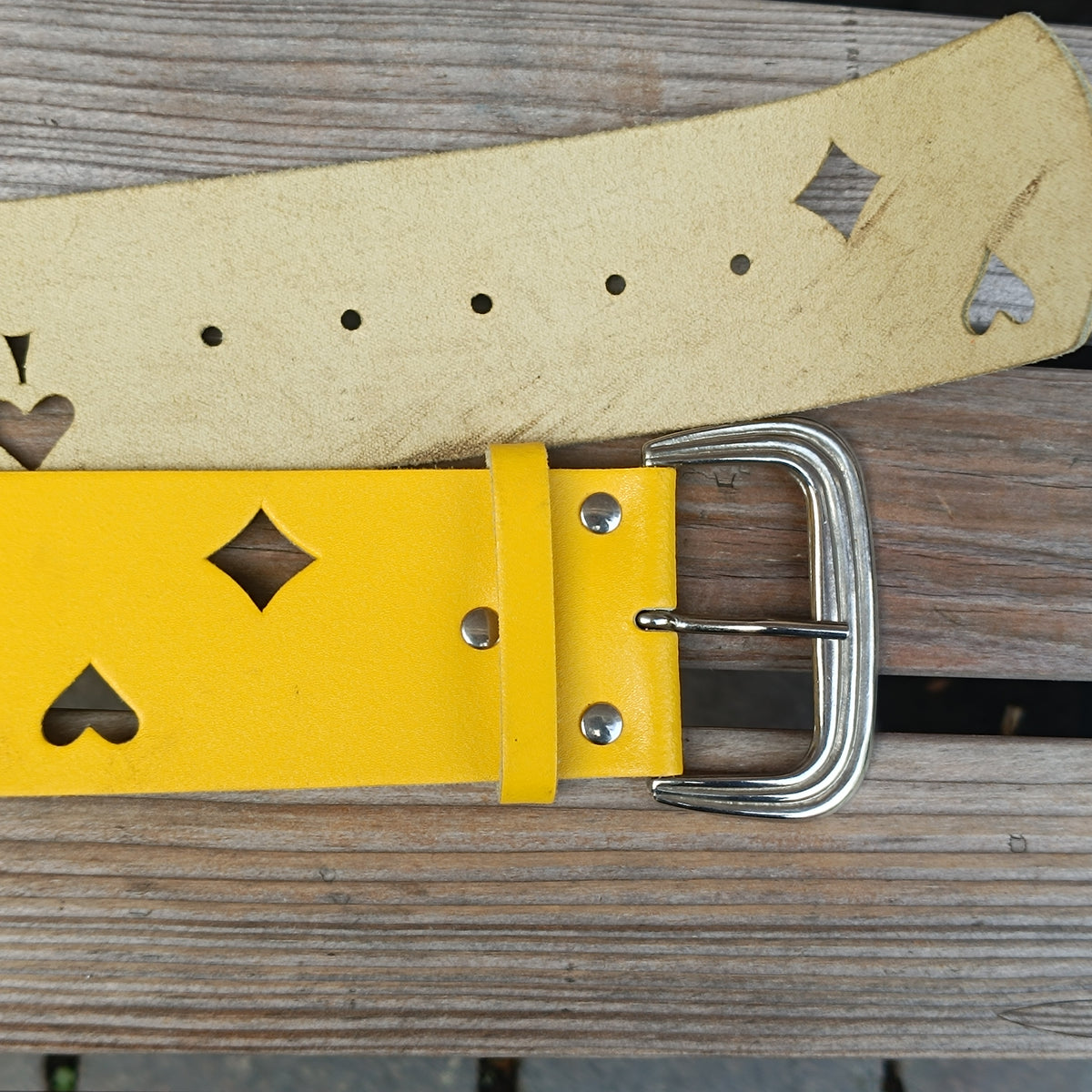 Vintage 90s Yellow Leather Belt - Playing Card Suit Cutouts