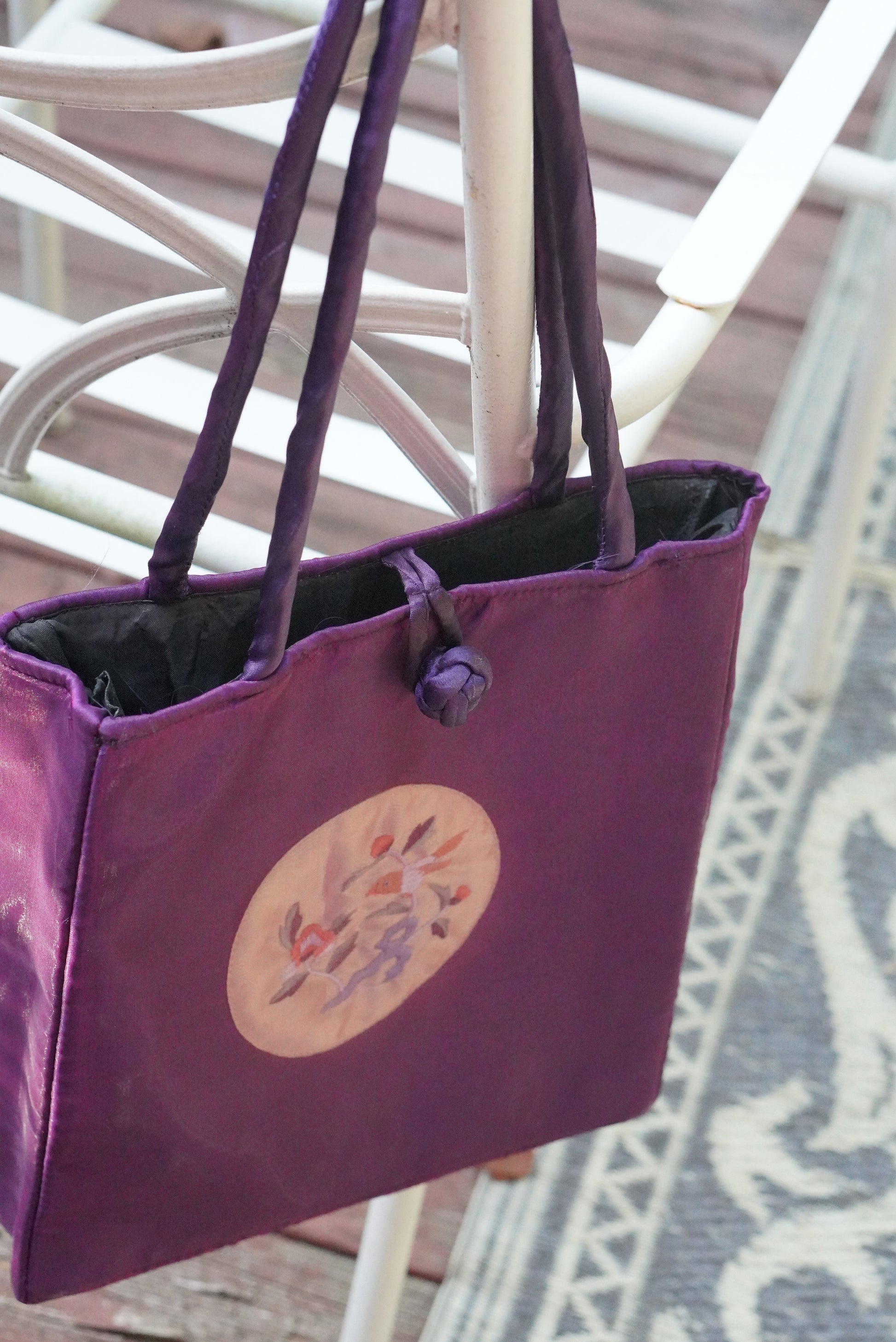 Vintage 1990s Purple Silk Embroidered Tote Bag