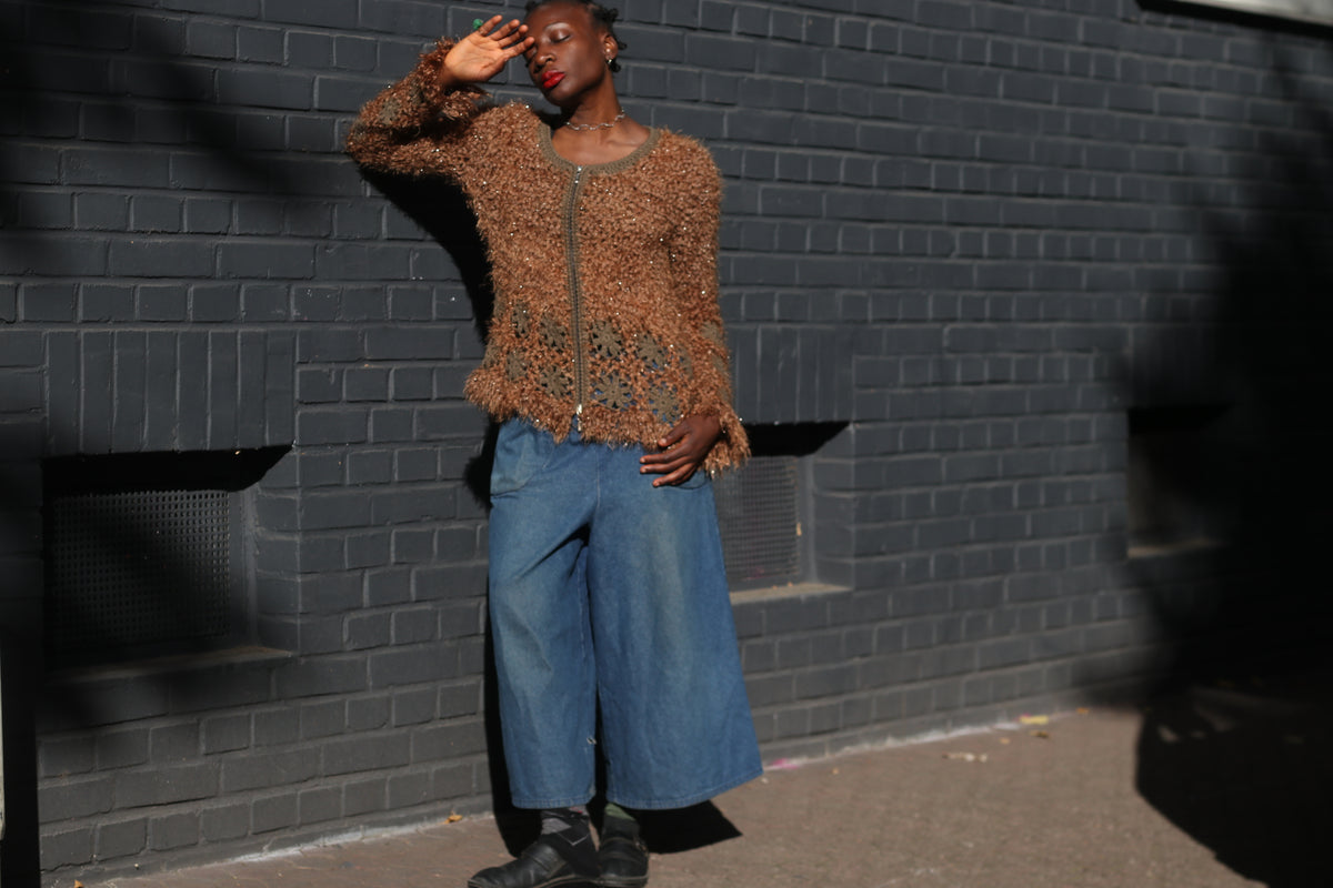 Vintage Brown Fuzzy Knit Cardigan | Y2K Crochet Trim Zipper Sweater XL