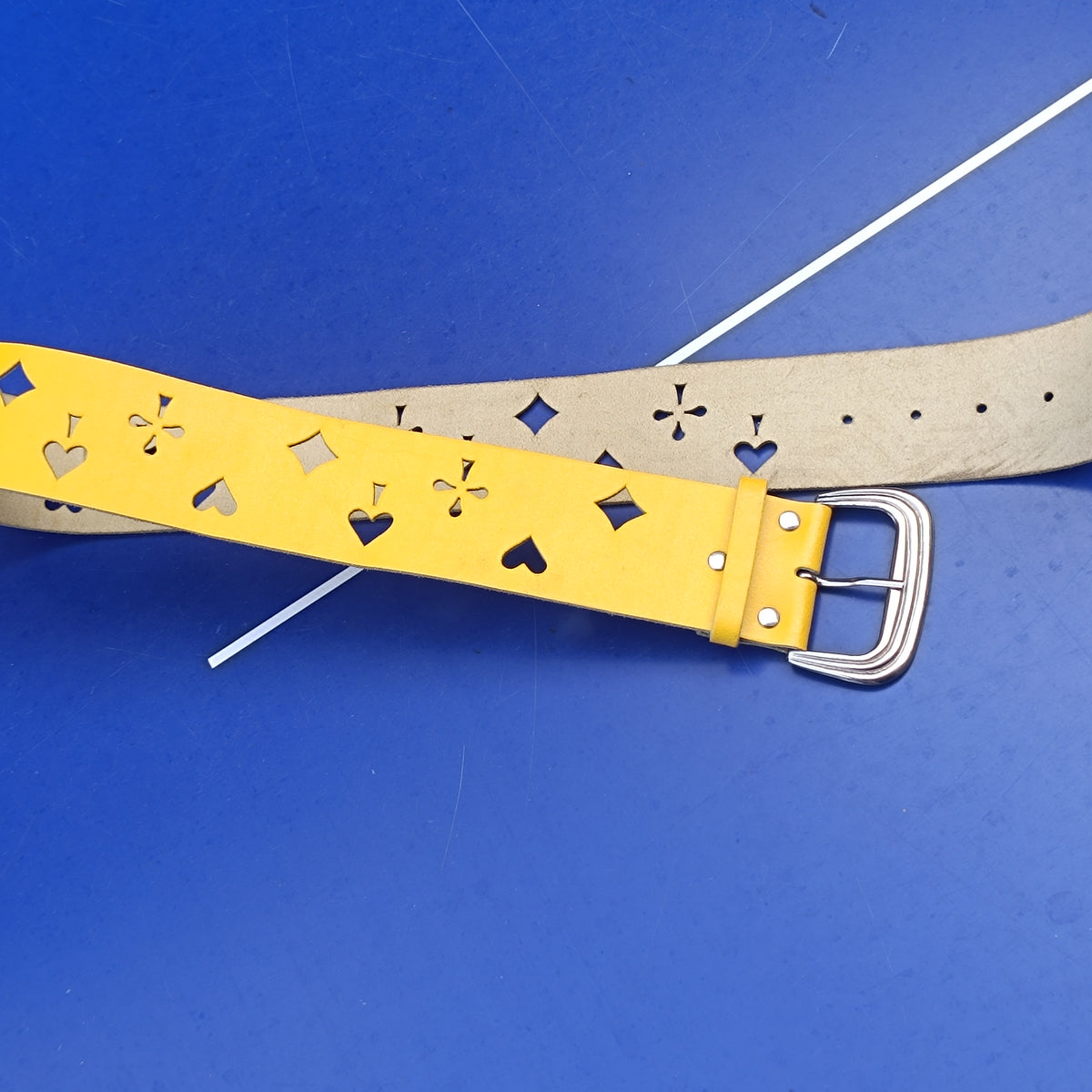 Vintage 90s Yellow Leather Belt - Playing Card Suit Cutouts