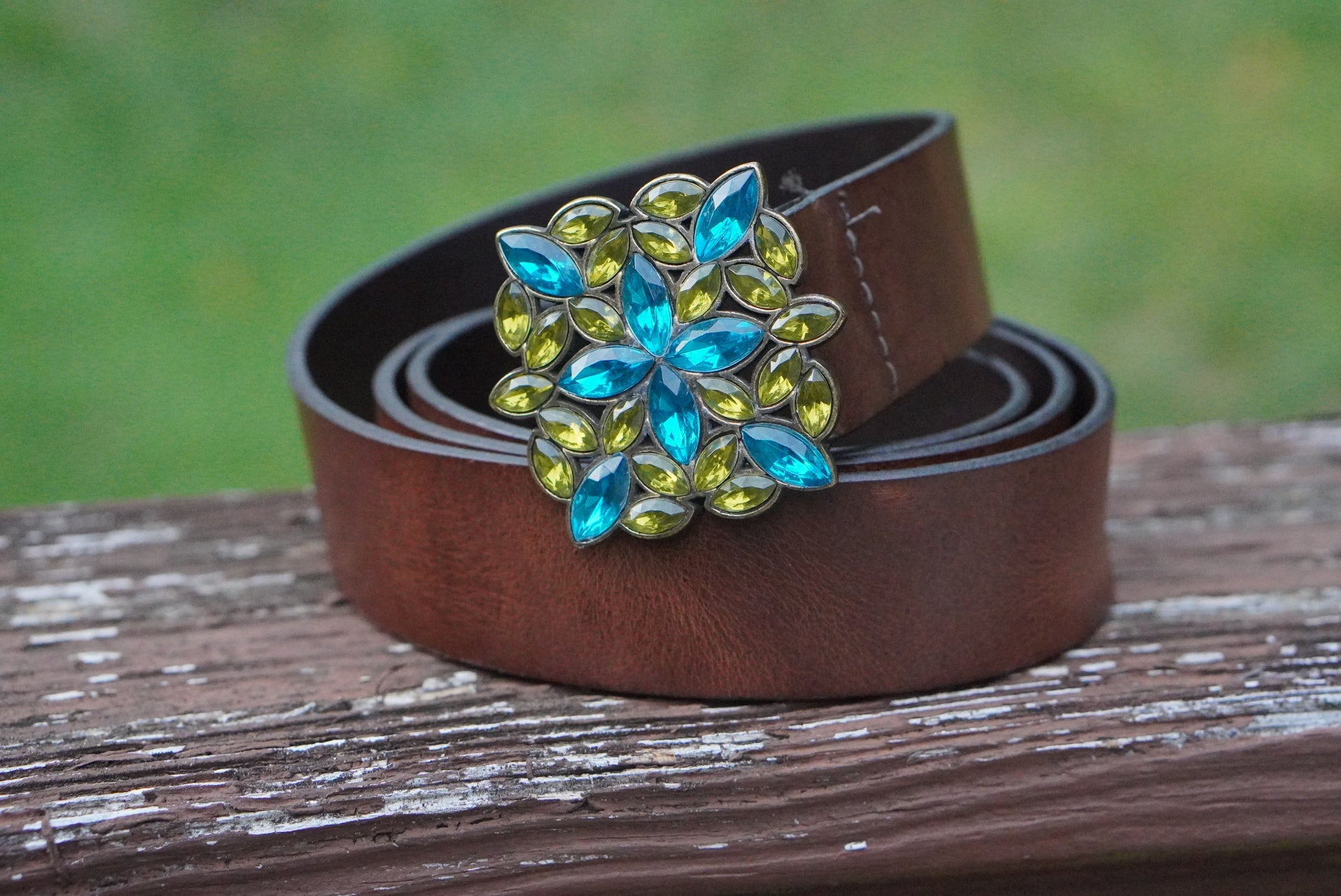 Vintage Y2K Italian Leather Belt - Blue Green Rhinestone Buckle Boho