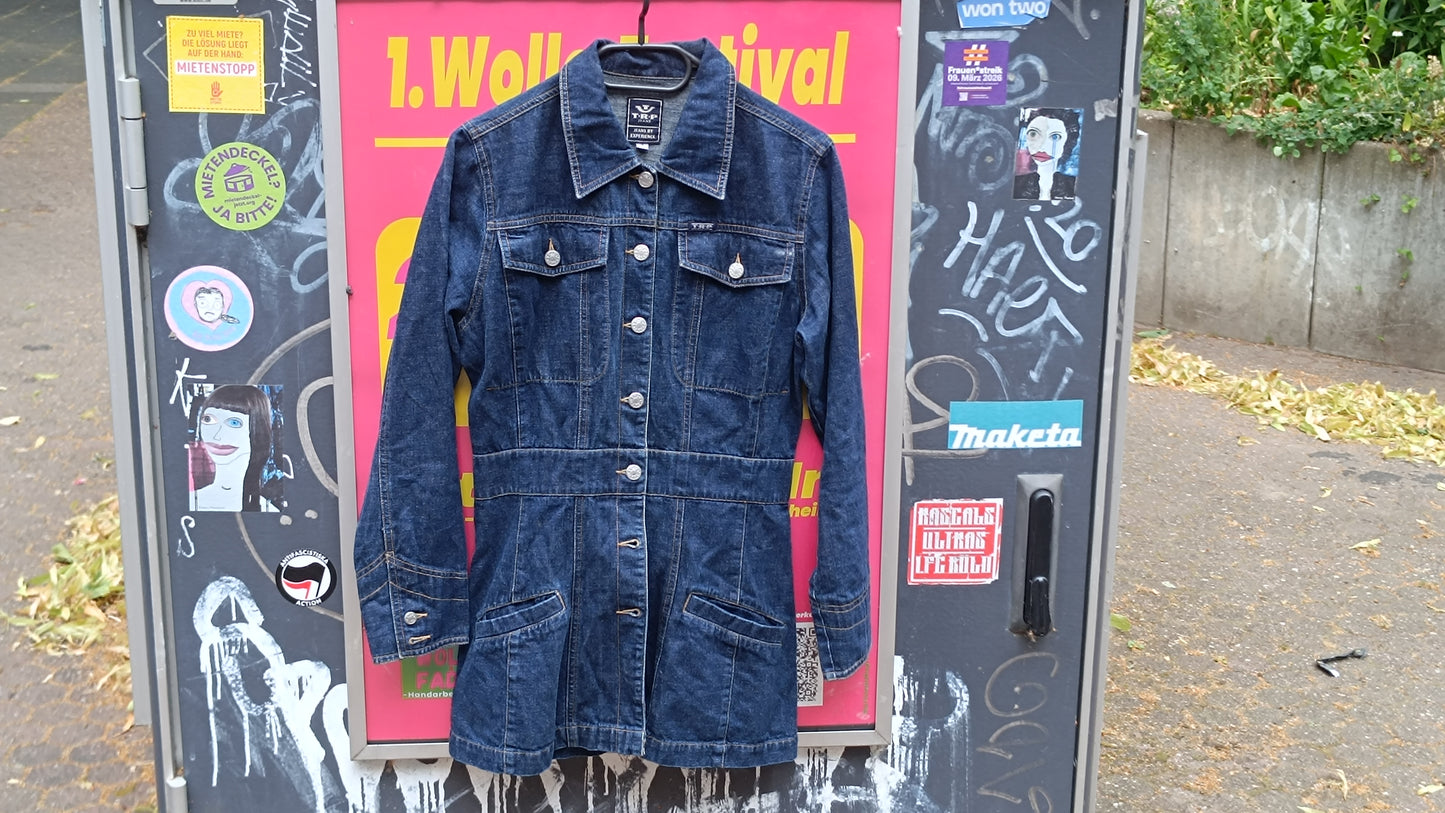 Vintage 1990s Denim Mini Dress Jacket Blue Jean Utility Western Button Up Dress