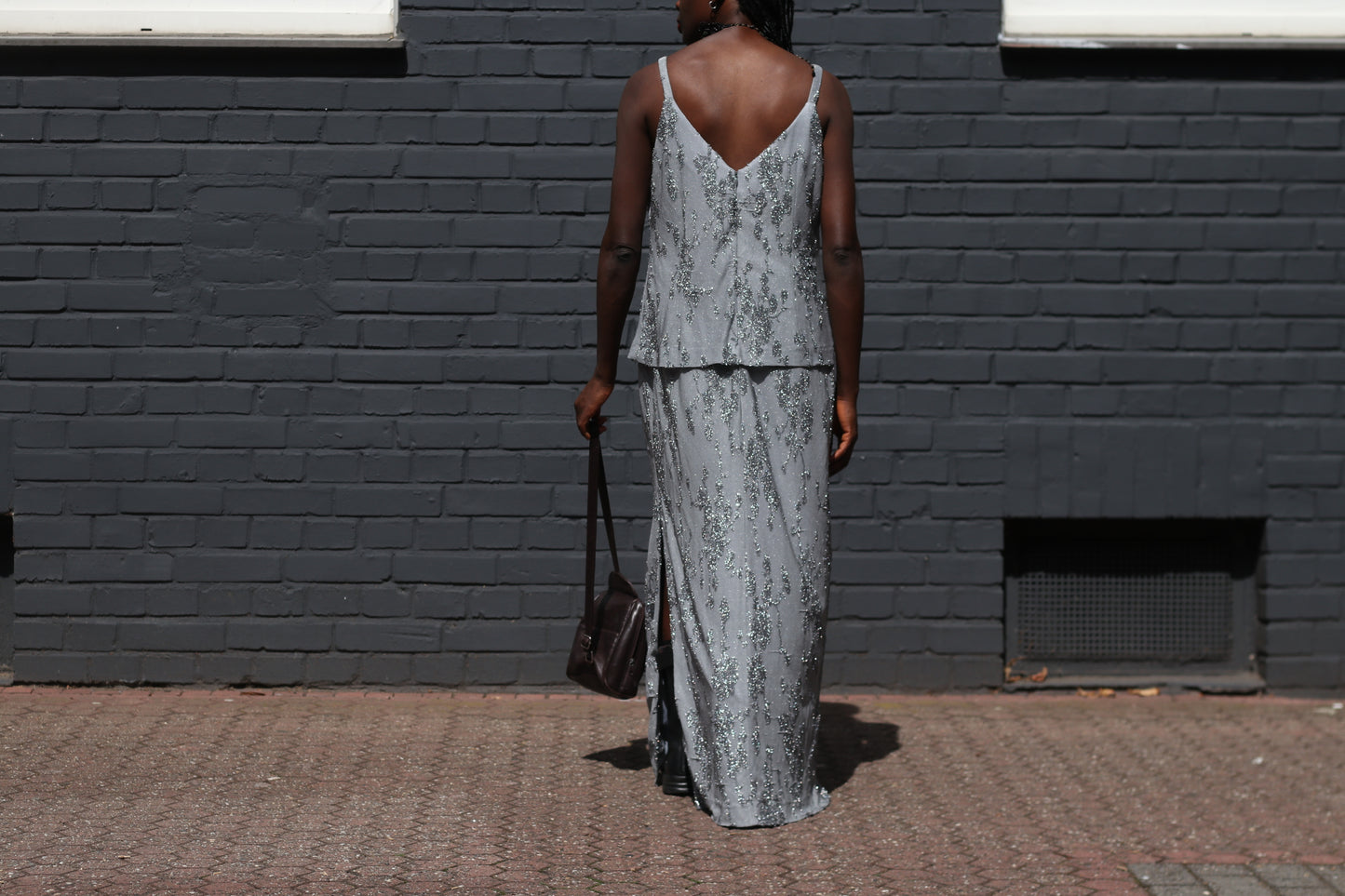 Vintage Silver Sequin Layered Dress - 90s Huey Waltzer En Francais Maxi