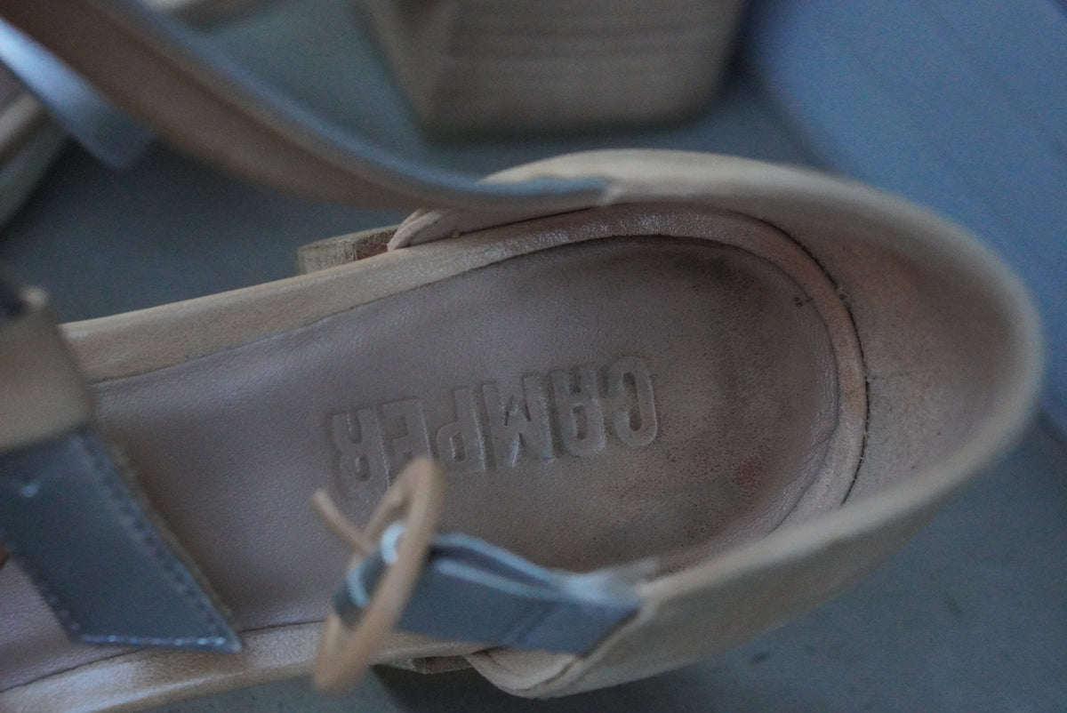 Vintage Camper Beige Silver Leather Strappy Sandals - Y2K Heels | EU 38