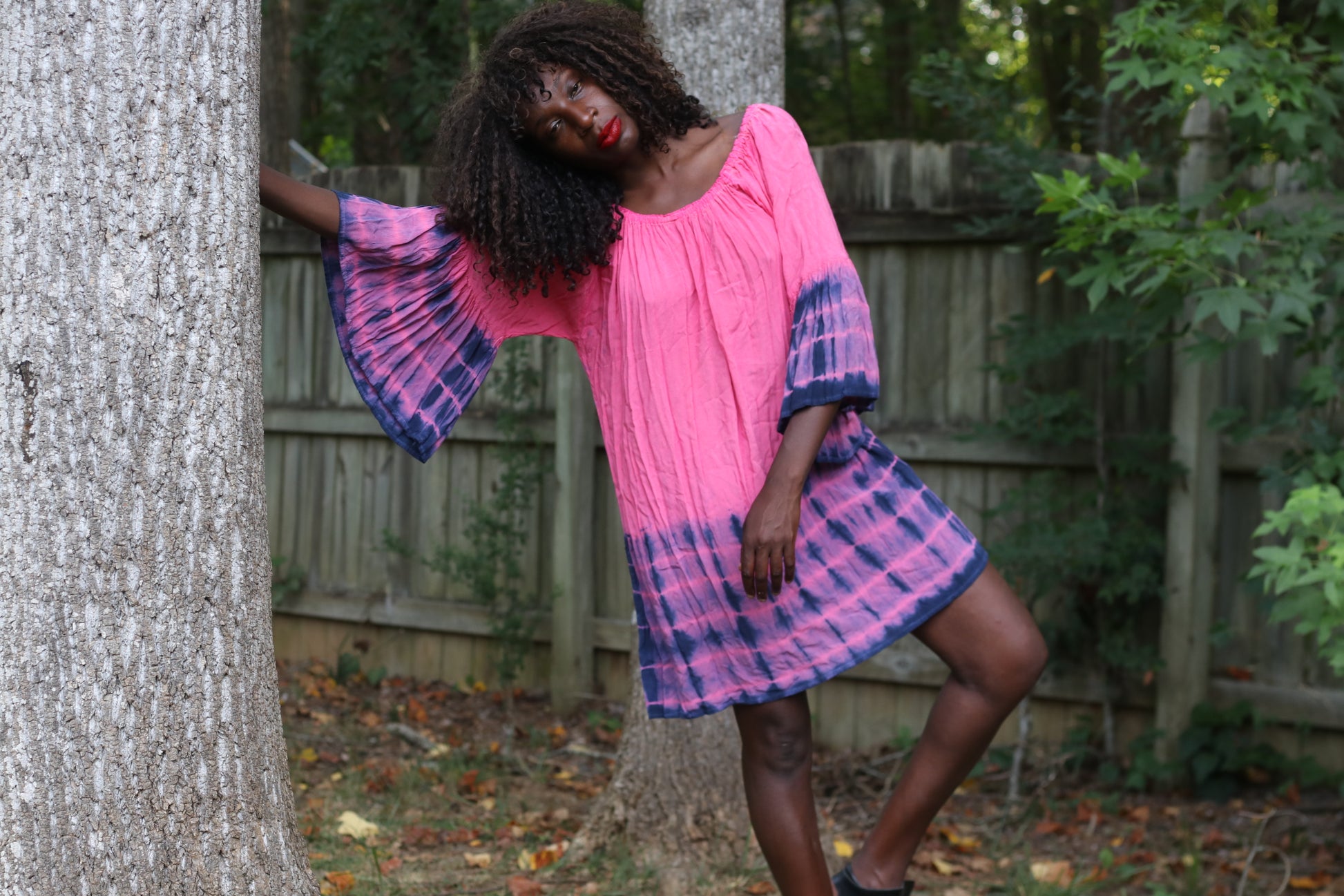 Vintage y2k Tie Dye Tunic Dress - Pink and Purple Bell Sleeve Mini