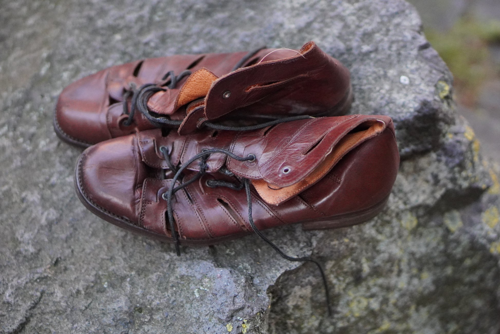 Ralph Harrison Vintage 90s Brown Leather Gladiator Sandals Lace Up Booties Shoes