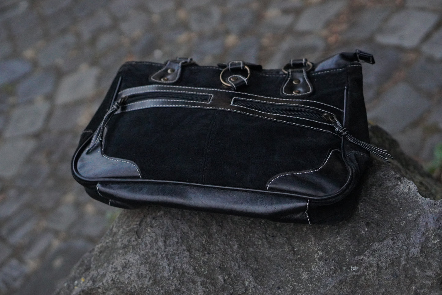 Damart Vintage 90s Black Suede Handbag - Retro Y2K Shoulder Bag
