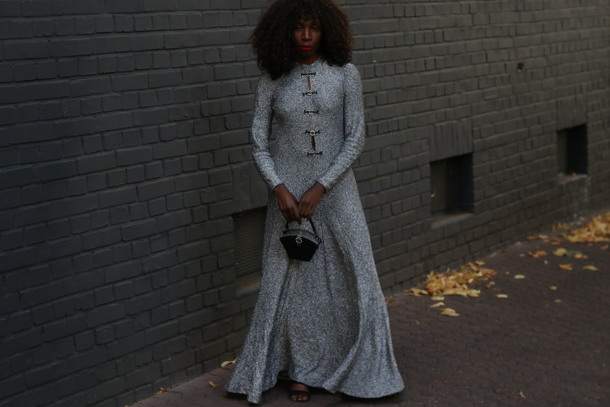 Silver Metallic Maxi Dress | Vintage 70s Lurex Evening Gown | S