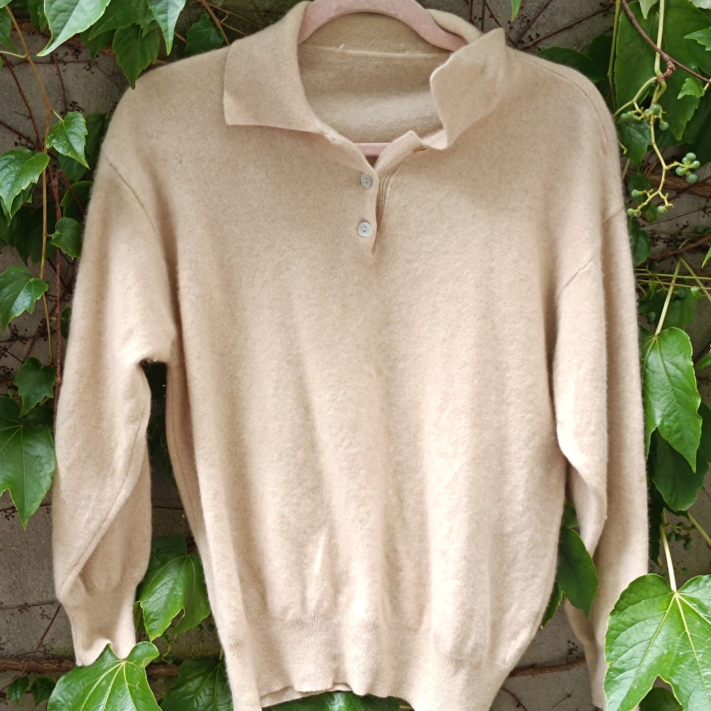 Vintage Beige Cashmere Polo Sweater - 90s Italian Cashmere Jumper XS-S