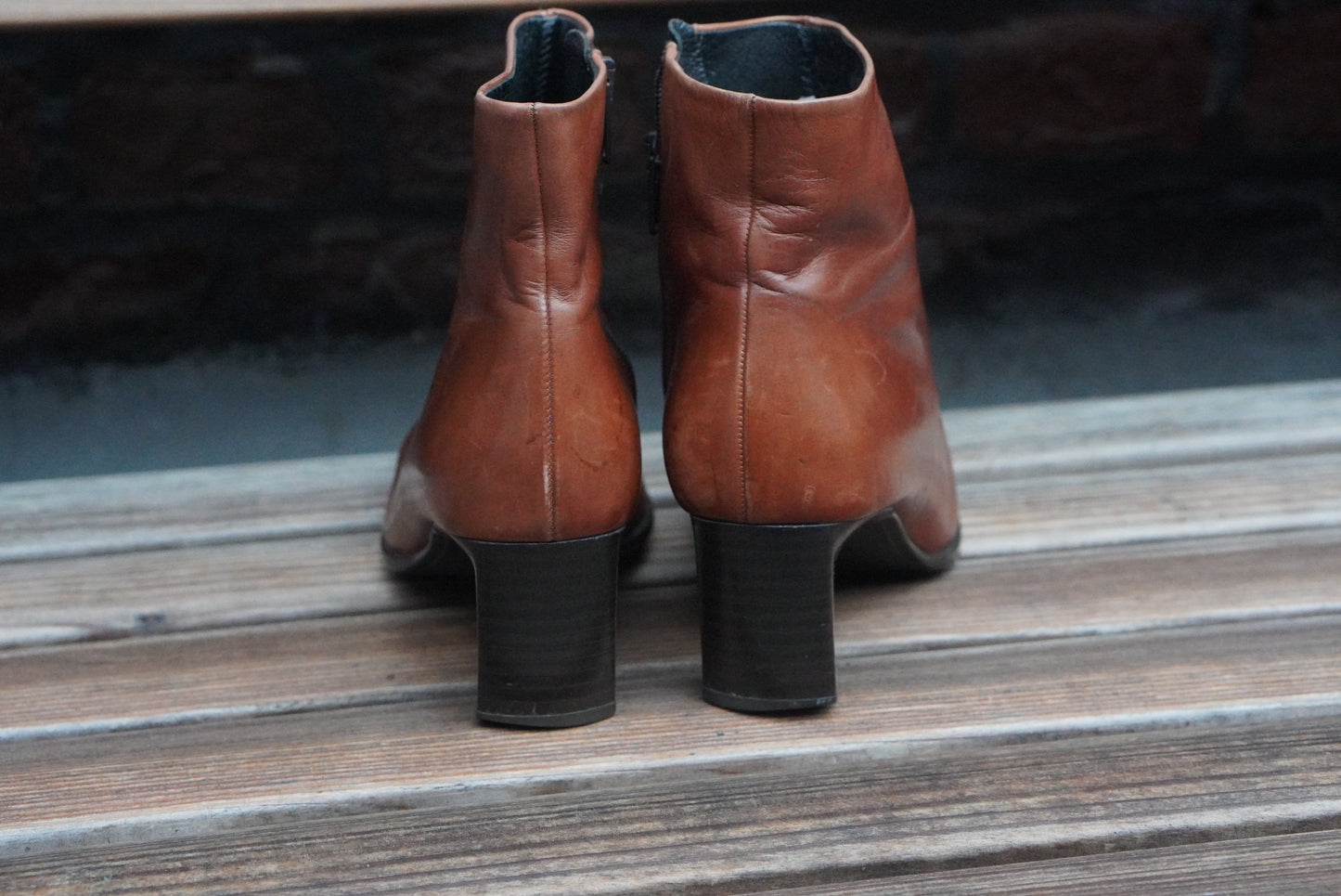 Vintage 90s Gabor Cognac Brown Leather Ankle Boots | Square Toe EU 38