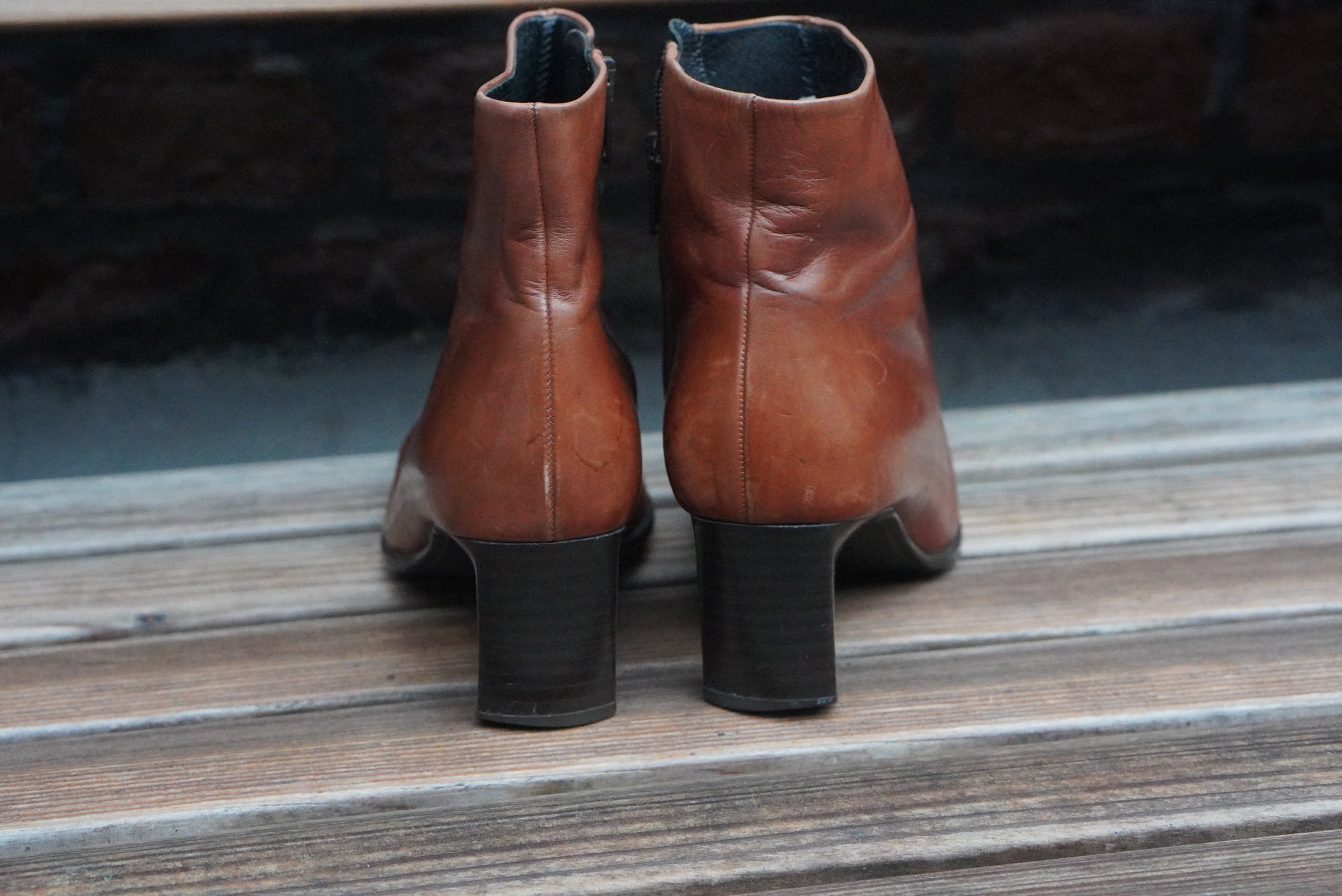 Vintage 90s Gabor Cognac Brown Leather Ankle Boots | Square Toe EU 38