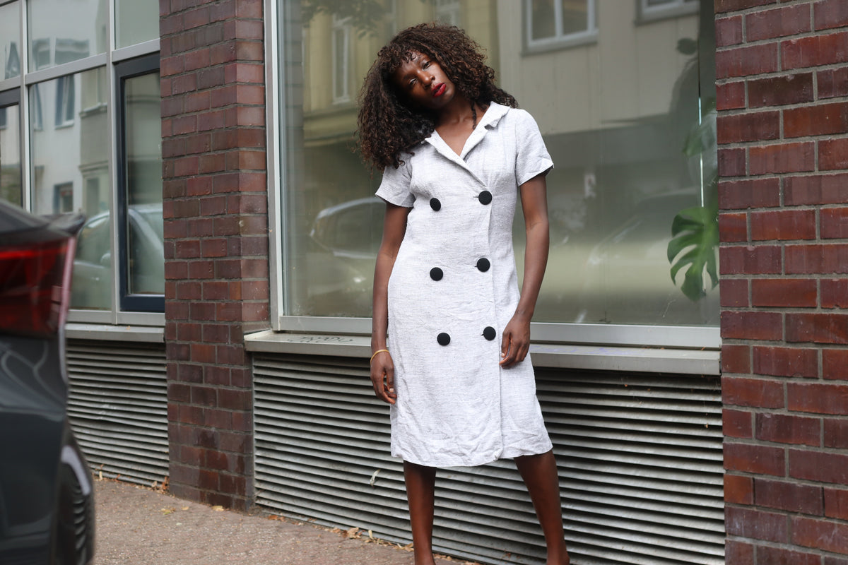 Linen Look Dress | 70s Vintage Double Breasted Midi | Light Grey S/M