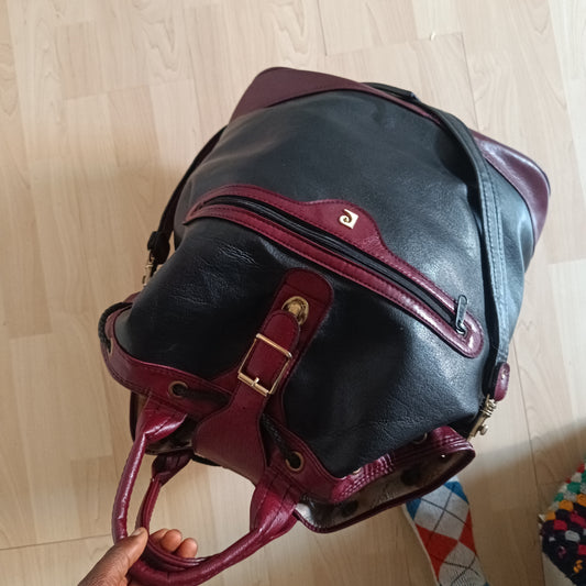 Vintage Travel Bag - 80s Pierre Cardin Leather Duffel Bag - Black Red