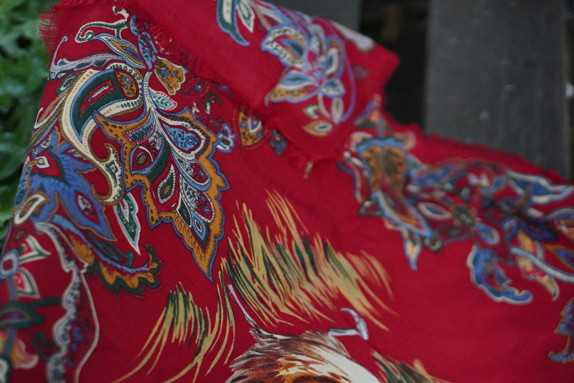 Vintage Red Wool Scarf Paisley Pheasant Shawl 1980s Folk Fringe Wrap Square Large