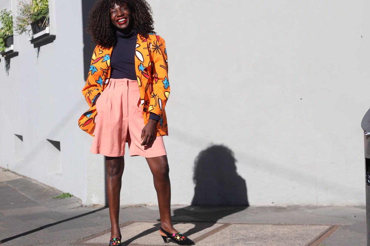 Vintage 80s Abstract Print Blazer | Orange Cotton Art Jacket M/L