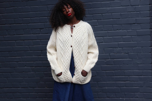 Irish Cable Knit Cardigan - Vintage 1970s Cream Aran Wool - M/L